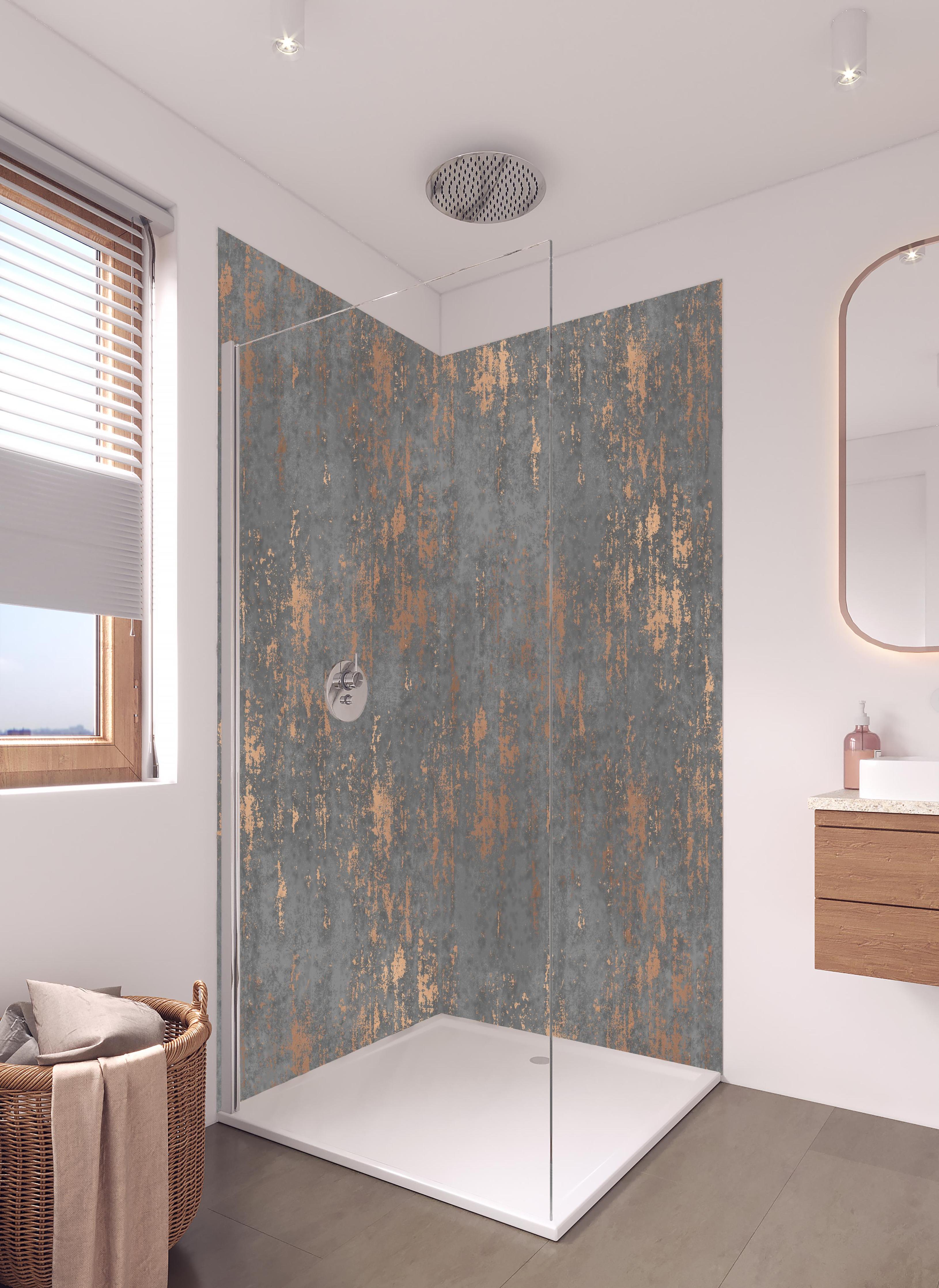 Duschrückwand - Graue Textur mit goldenen Akzenten in hellem Badezimmer mit Regenduschkopf - zweiteilige Eck-Duschrückwand