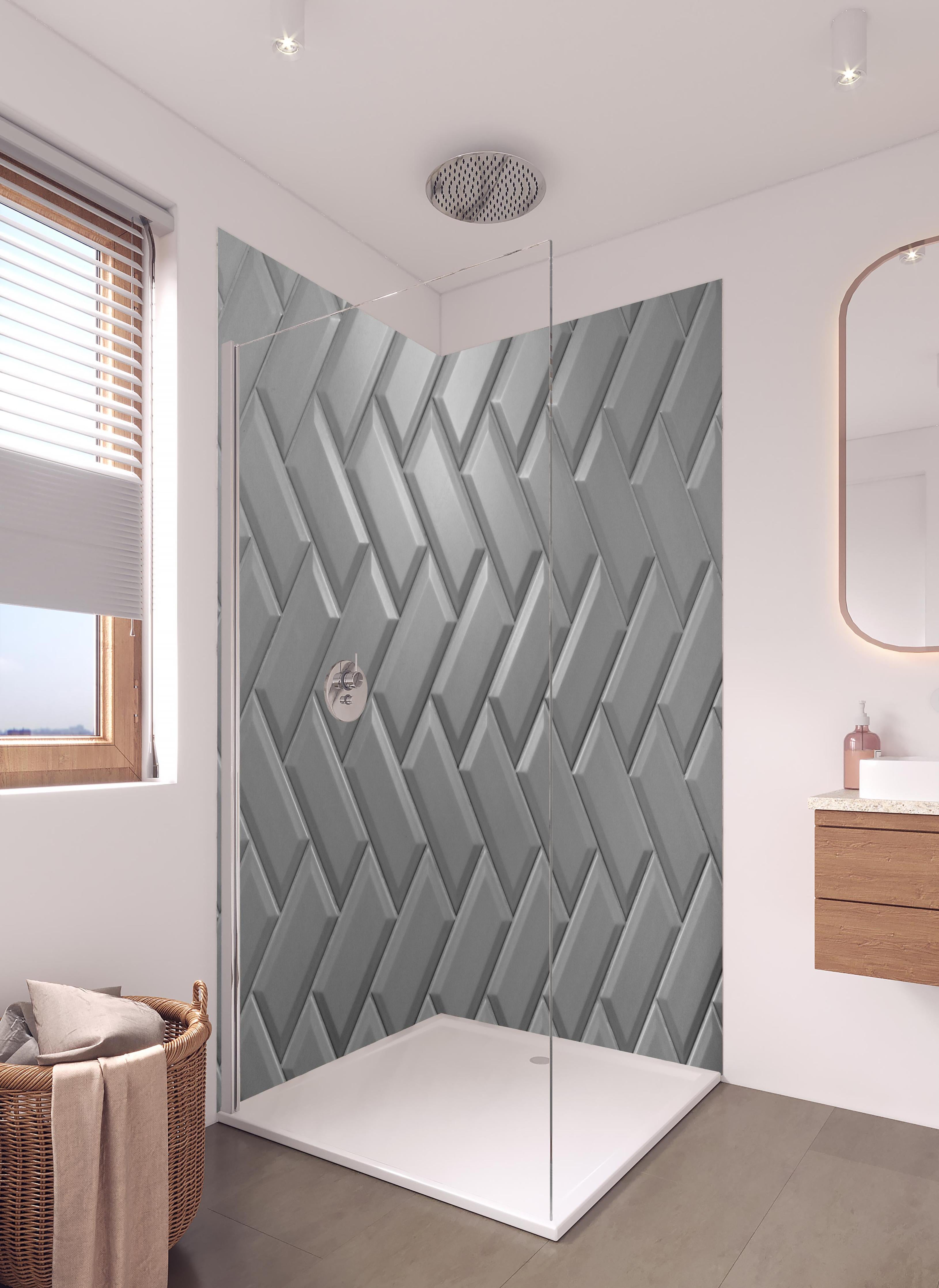 Duschrückwand - Graue matte Keramikfliesen in hellem Badezimmer mit Regenduschkopf - zweiteilige Eck-Duschrückwand