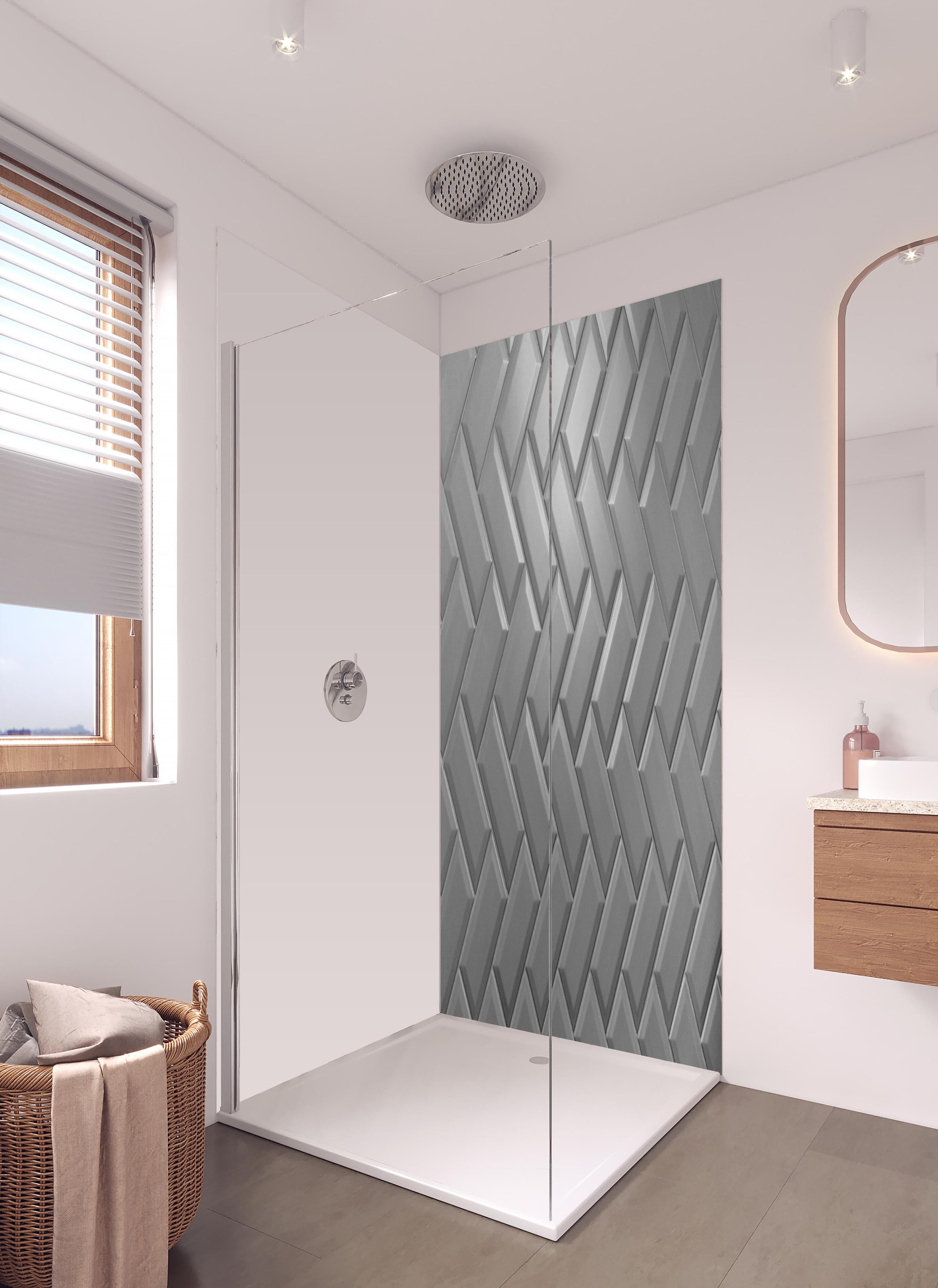 Duschrückwand - Graue matte Keramikfliesen in hellem Badezimmer mit Regenduschkopf - zweiteilige Eck-Duschrückwand