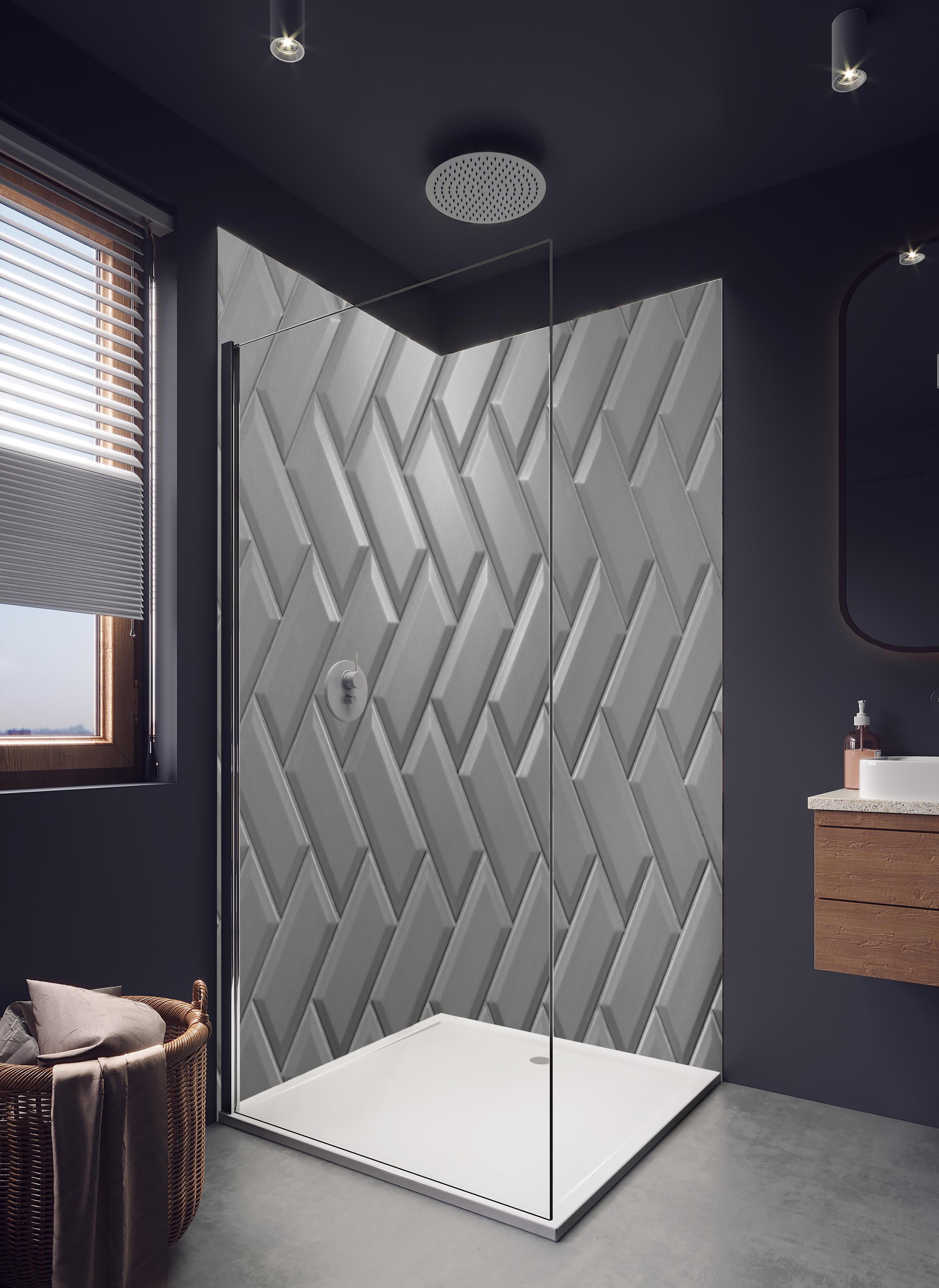 Duschrückwand - Graue matte Keramikfliesen in hellem Badezimmer mit Regenduschkopf - zweiteilige Eck-Duschrückwand