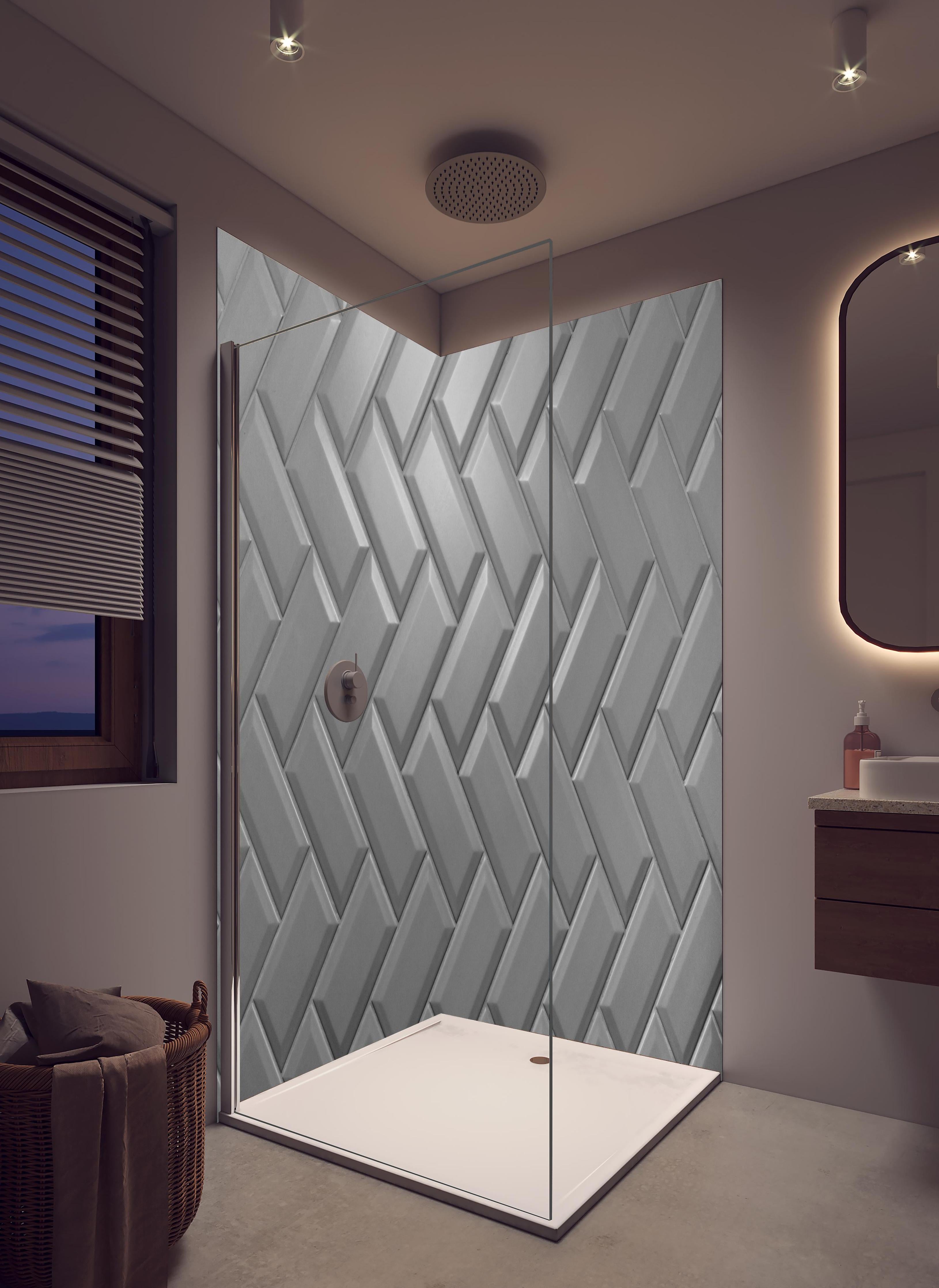 Duschrückwand - Graue matte Keramikfliesen in hellem Badezimmer mit Regenduschkopf - zweiteilige Eck-Duschrückwand