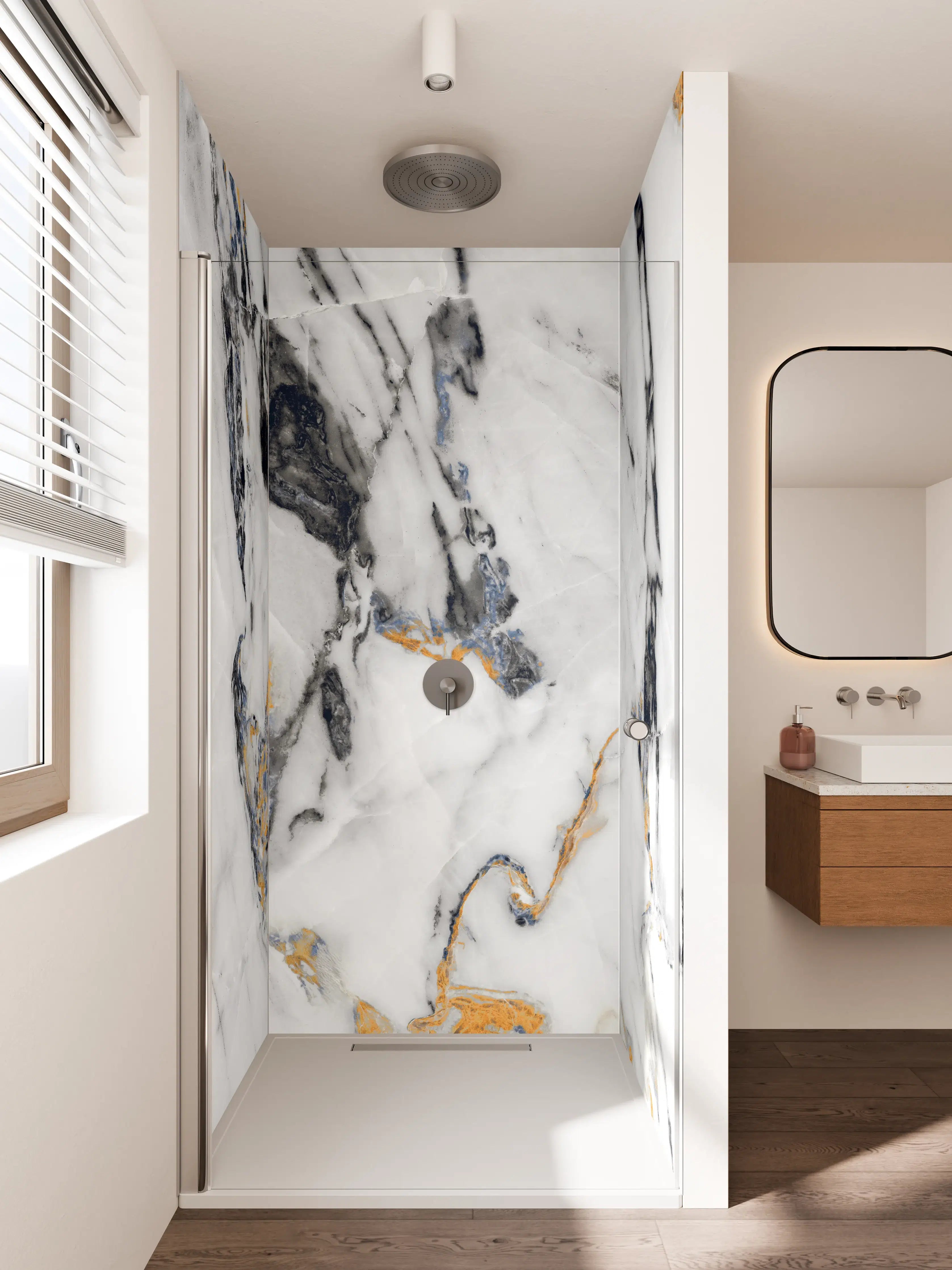 Duschrückwand - Grauer Marmor mit Gold-Details