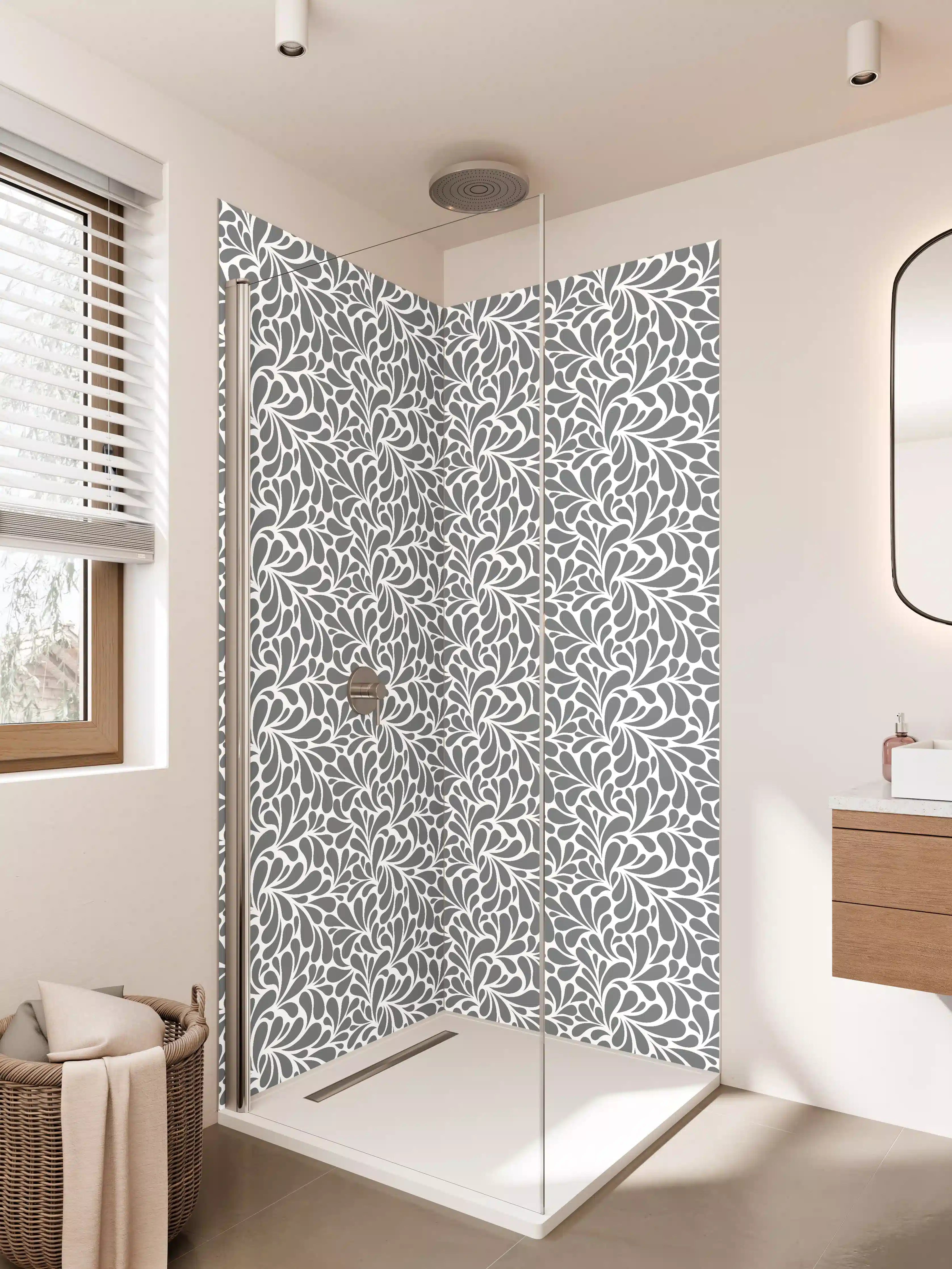 Duschrückwand - Graues Muster mit weißen Blätter-Design