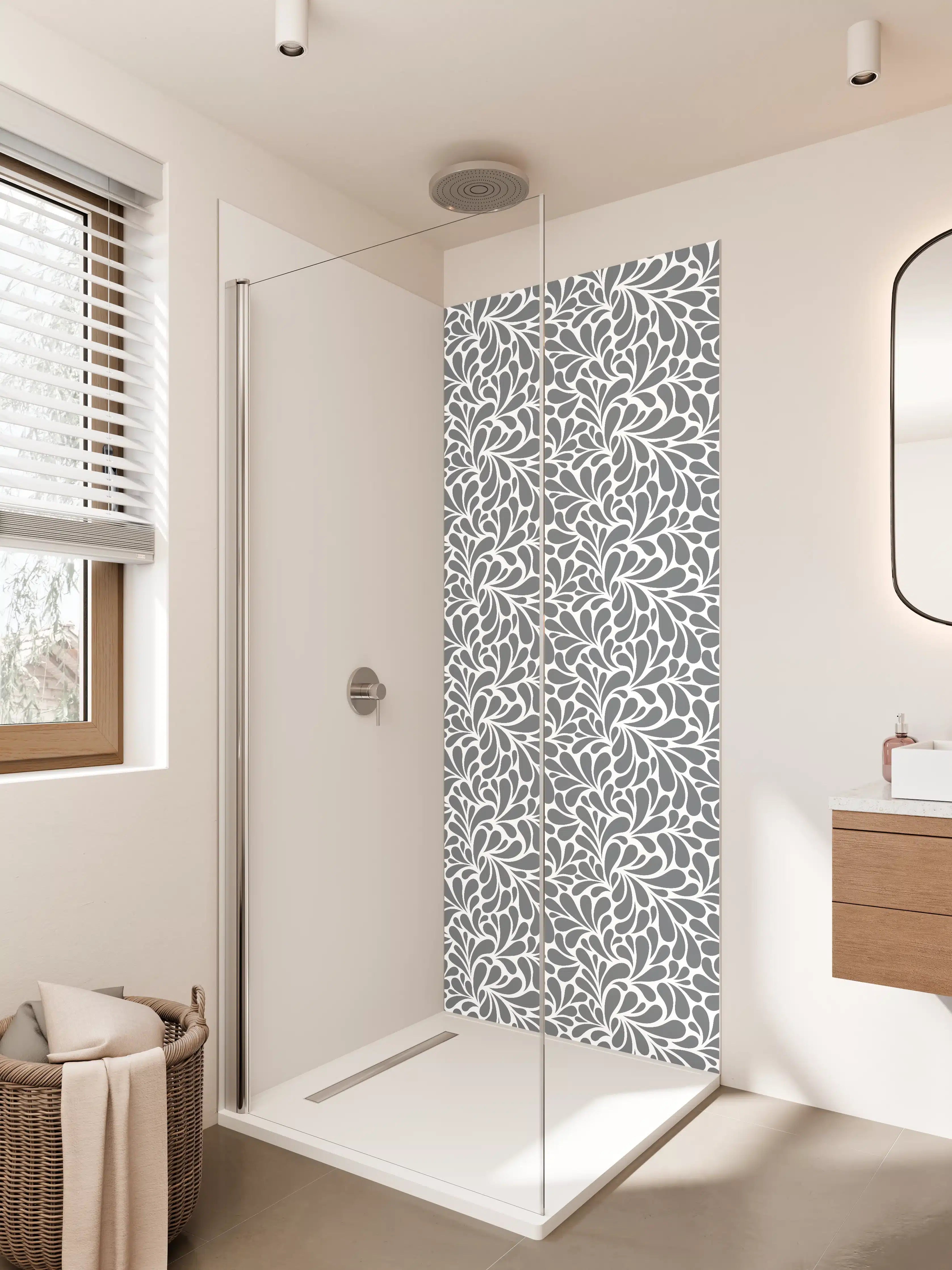 Duschrückwand - Graues Muster mit weißen Blätter-Design