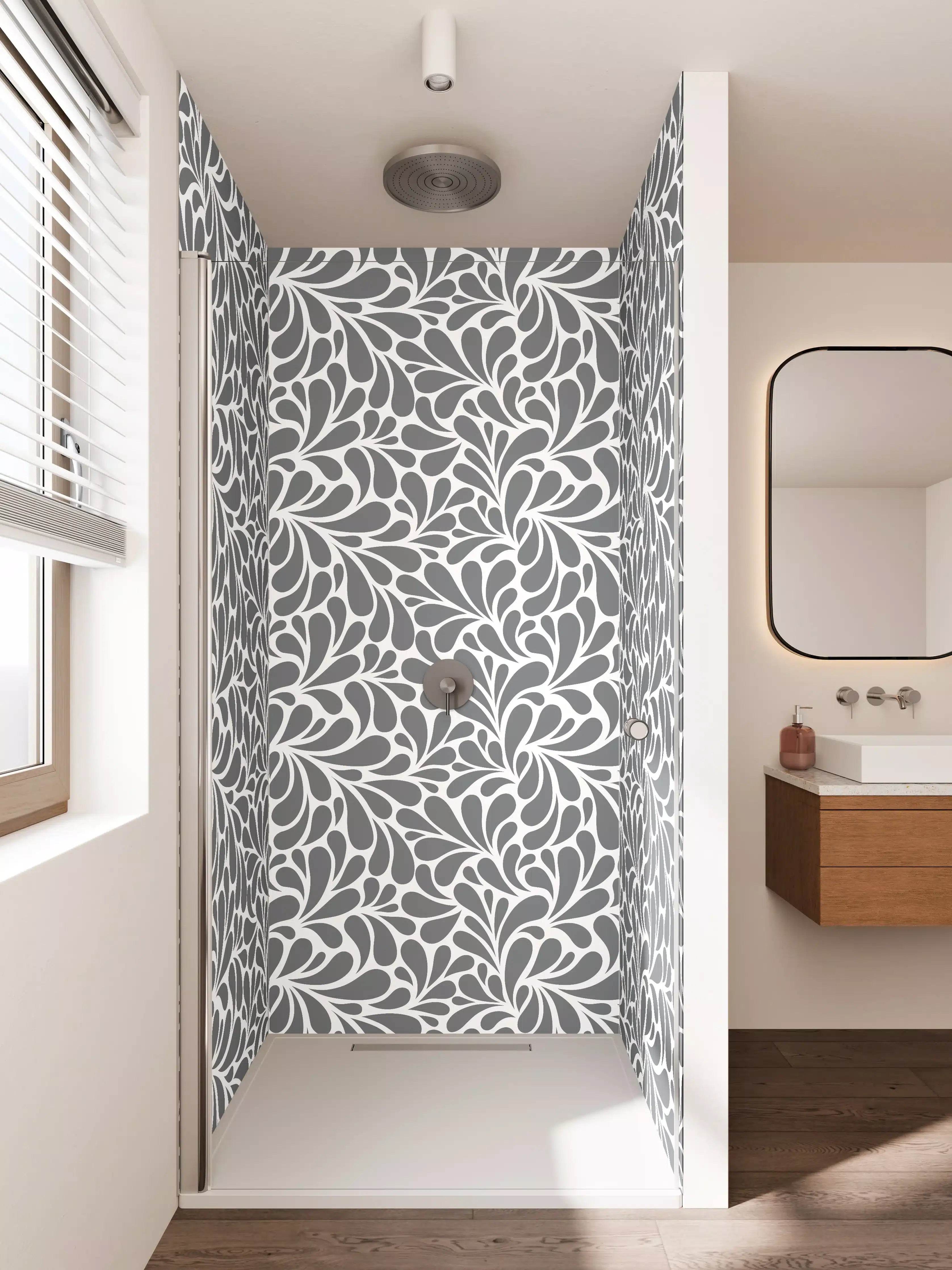 Duschrückwand - Graues Muster mit weißen Blätter-Design