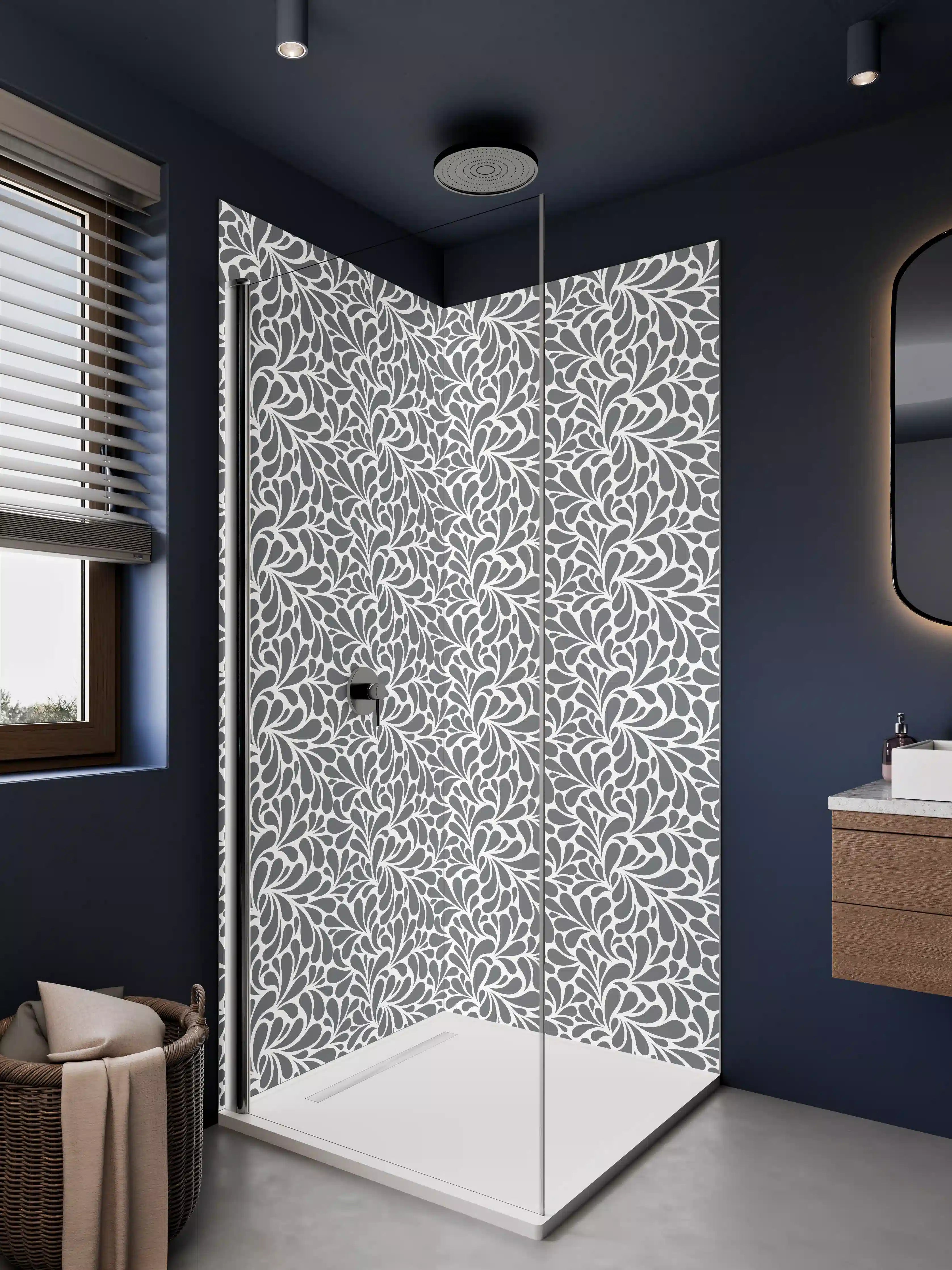 Duschrückwand - Graues Muster mit weißen Blätter-Design