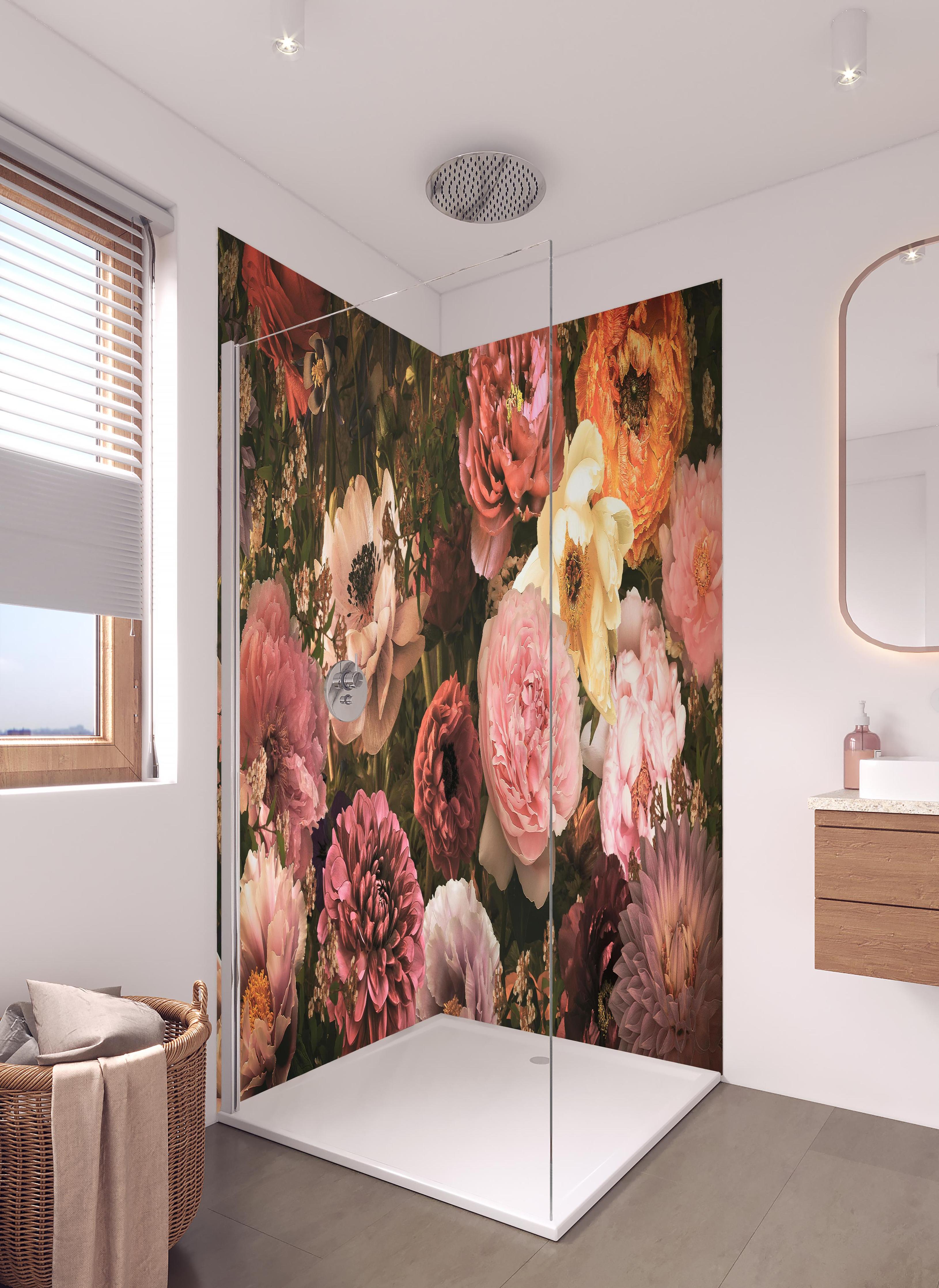 Duschrückwand - Große Blumen im Vintage-Stil in hellem Badezimmer mit Regenduschkopf - zweiteilige Eck-Duschrückwand