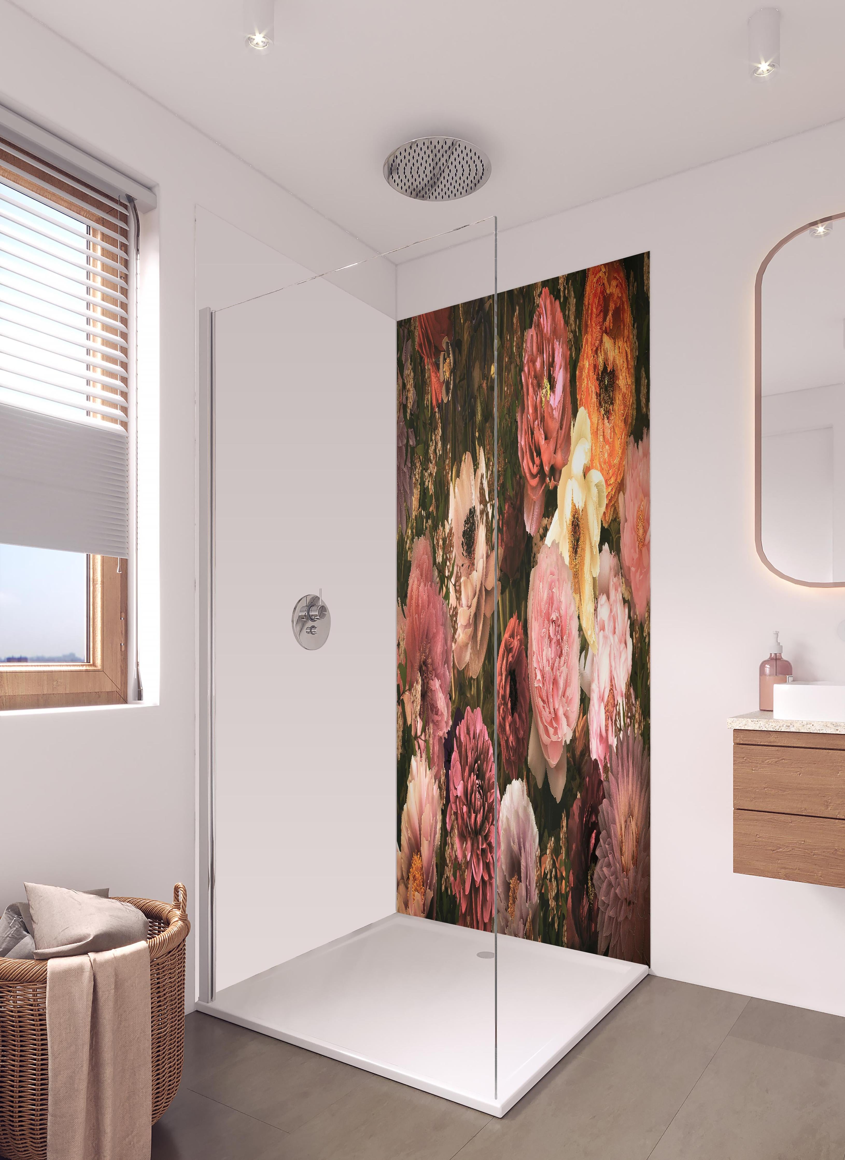 Duschrückwand - Große Blumen im Vintage-Stil in hellem Badezimmer mit Regenduschkopf - zweiteilige Eck-Duschrückwand