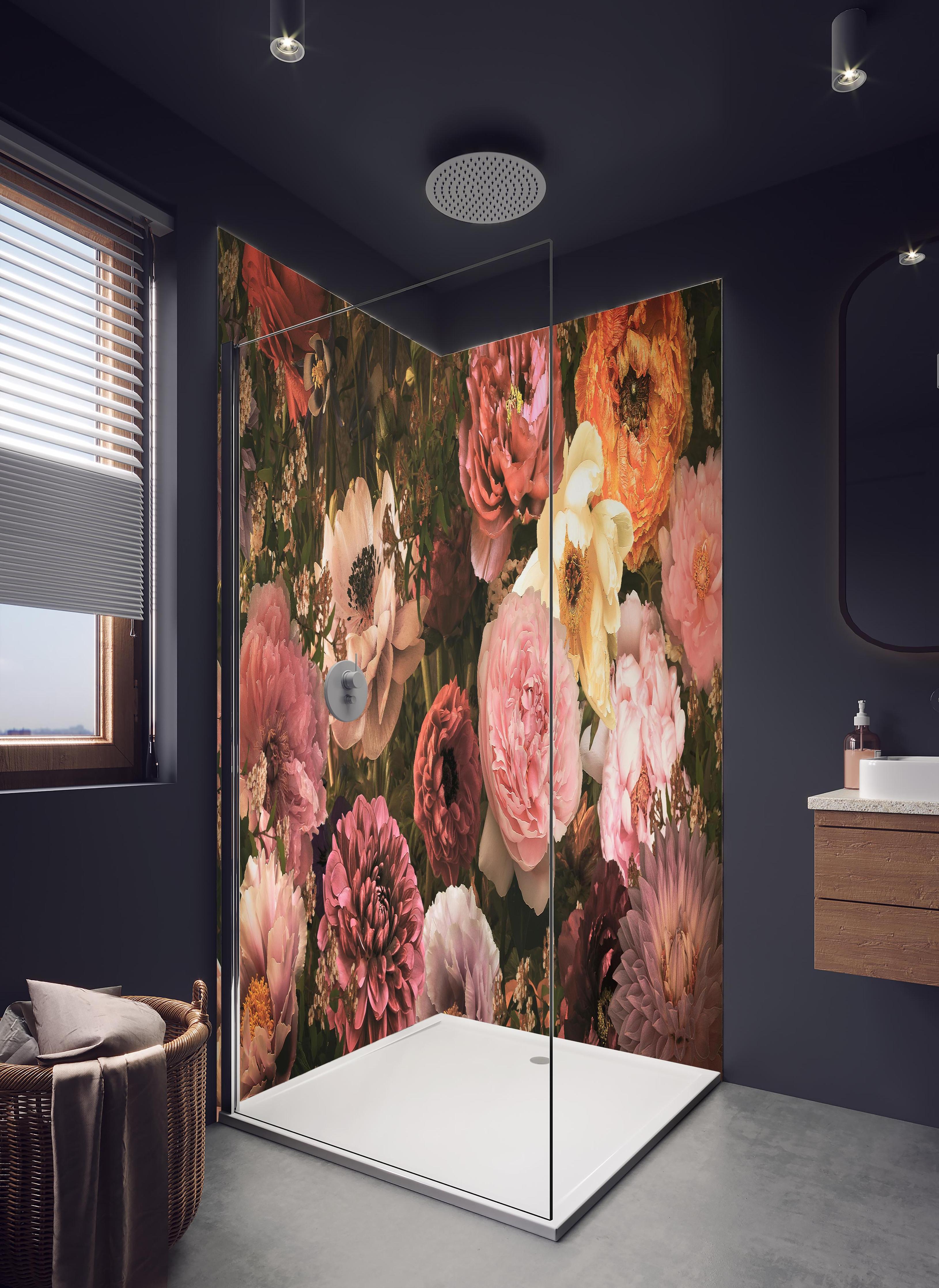 Duschrückwand - Große Blumen im Vintage-Stil in hellem Badezimmer mit Regenduschkopf - zweiteilige Eck-Duschrückwand