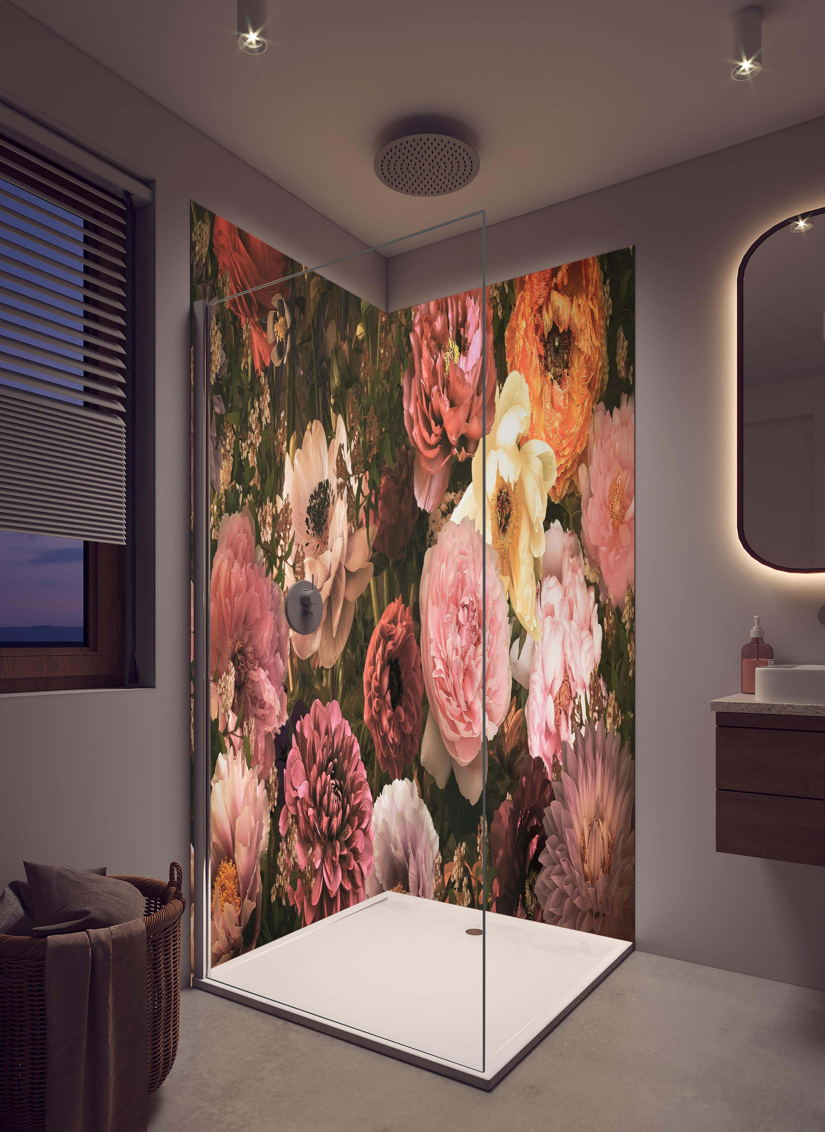 Duschrückwand - Große Blumen im Vintage-Stil in hellem Badezimmer mit Regenduschkopf - zweiteilige Eck-Duschrückwand