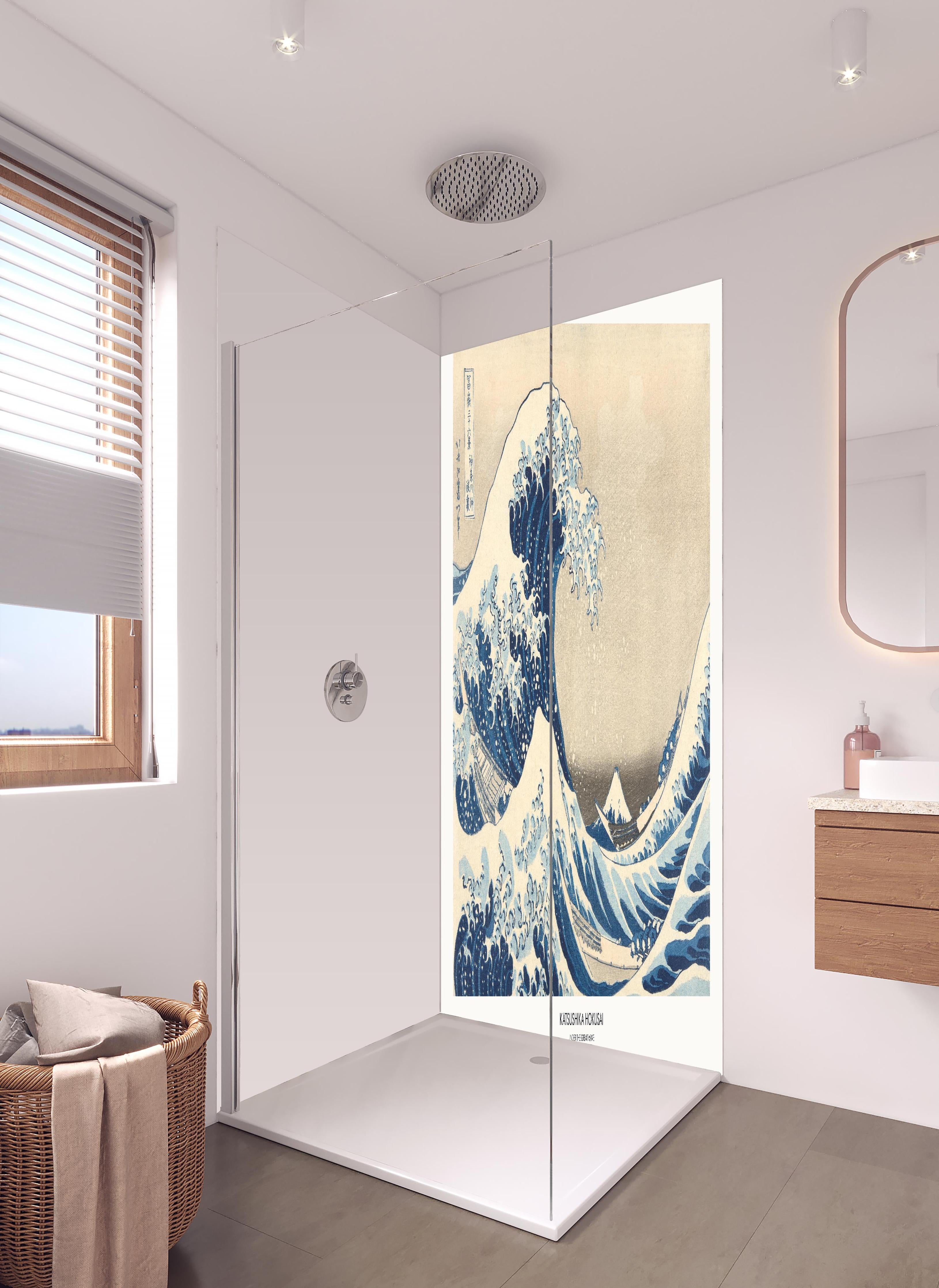 Duschrückwand - Große Wellen - Gemälde in hellem Badezimmer mit Regenduschkopf - zweiteilige Eck-Duschrückwand