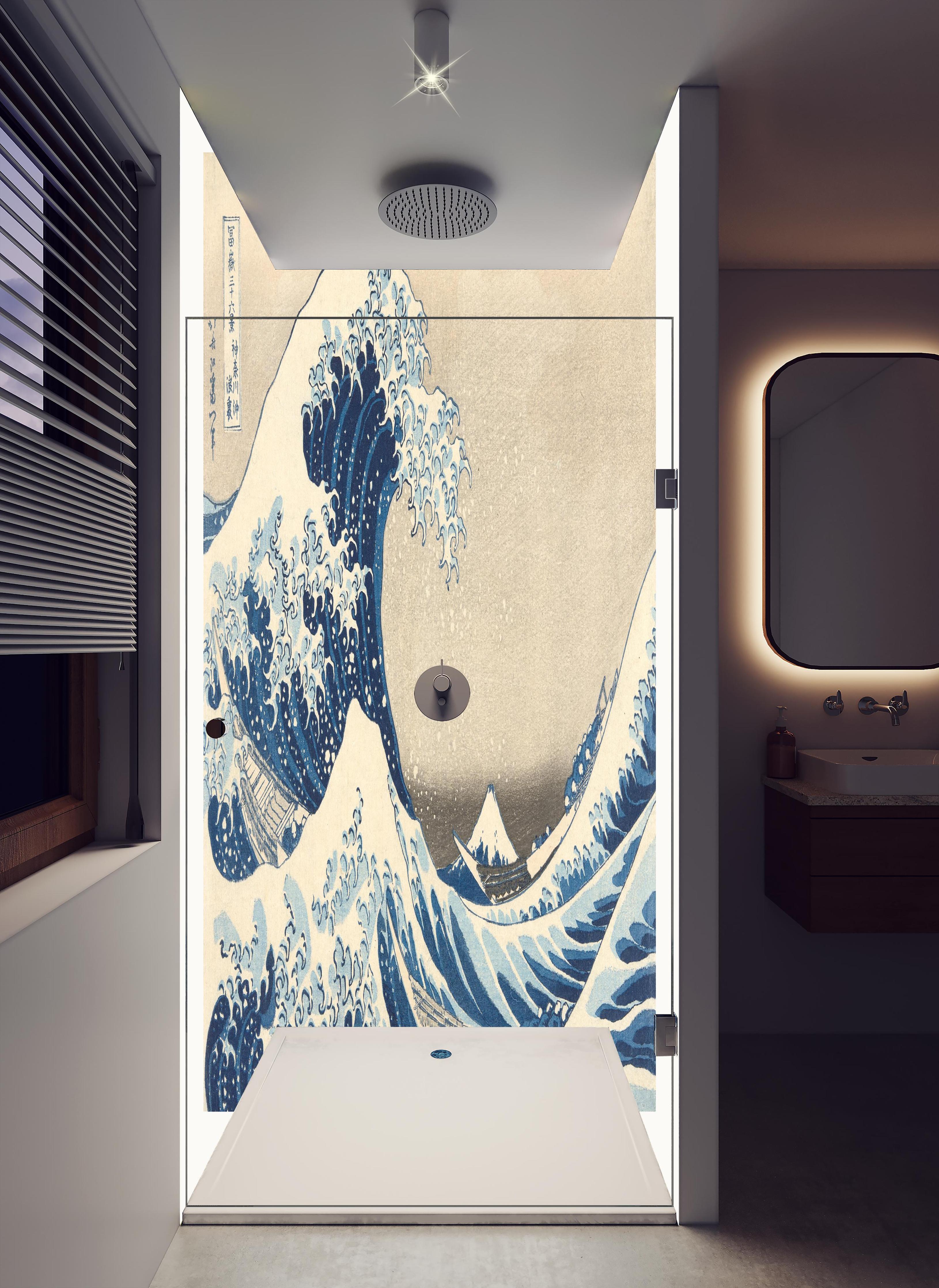 Duschrückwand - Große Wellen - Gemälde in hellem Badezimmer mit Regenduschkopf - zweiteilige Eck-Duschrückwand