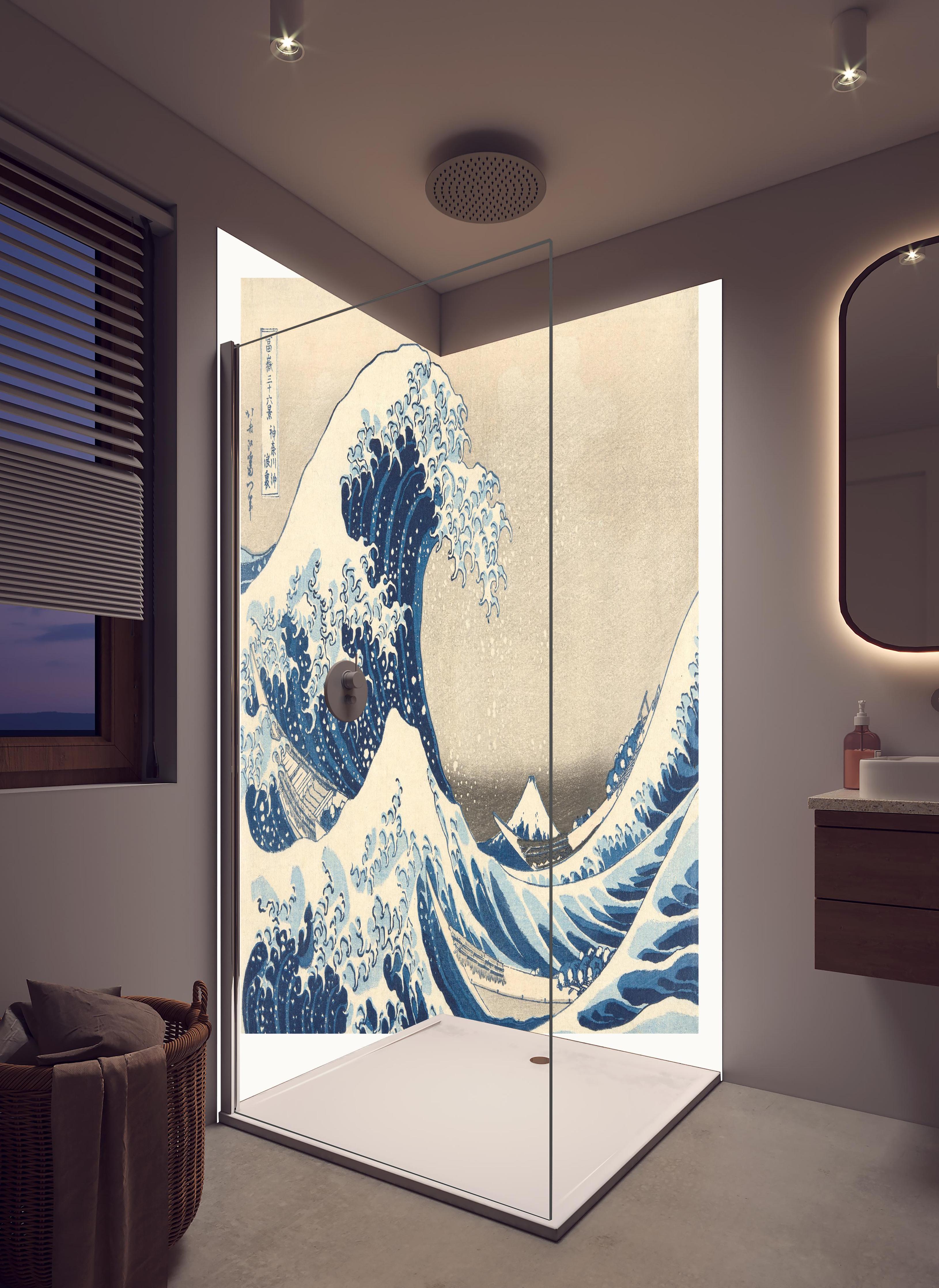 Duschrückwand - Große Wellen - Gemälde in hellem Badezimmer mit Regenduschkopf - zweiteilige Eck-Duschrückwand