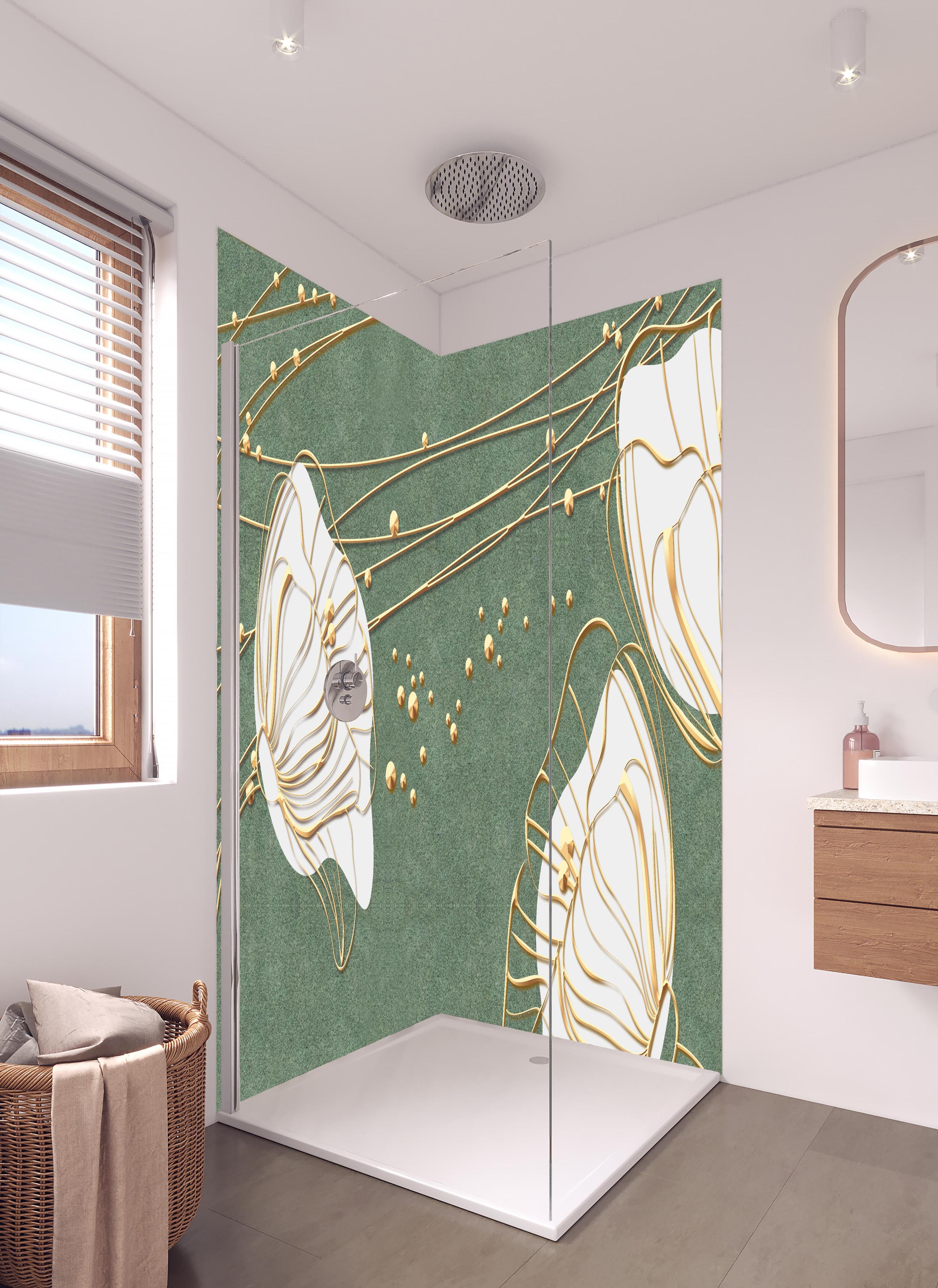 Duschrückwand - Große abstrakte Blumenkonturen Beige Grün in hellem Badezimmer mit Regenduschkopf - zweiteilige Eck-Duschrückwand