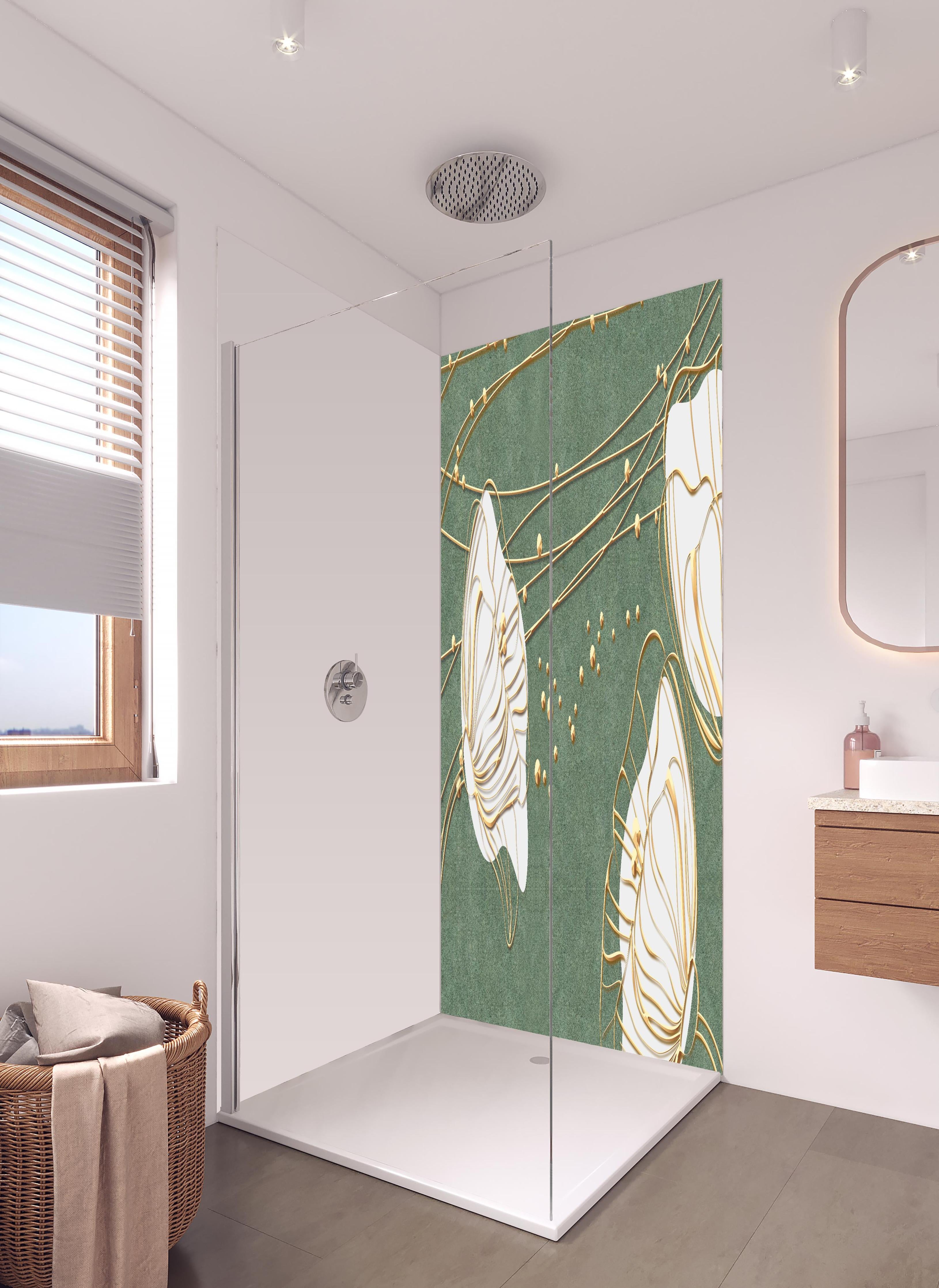 Duschrückwand - Große abstrakte Blumenkonturen Beige Grün in hellem Badezimmer mit Regenduschkopf - zweiteilige Eck-Duschrückwand