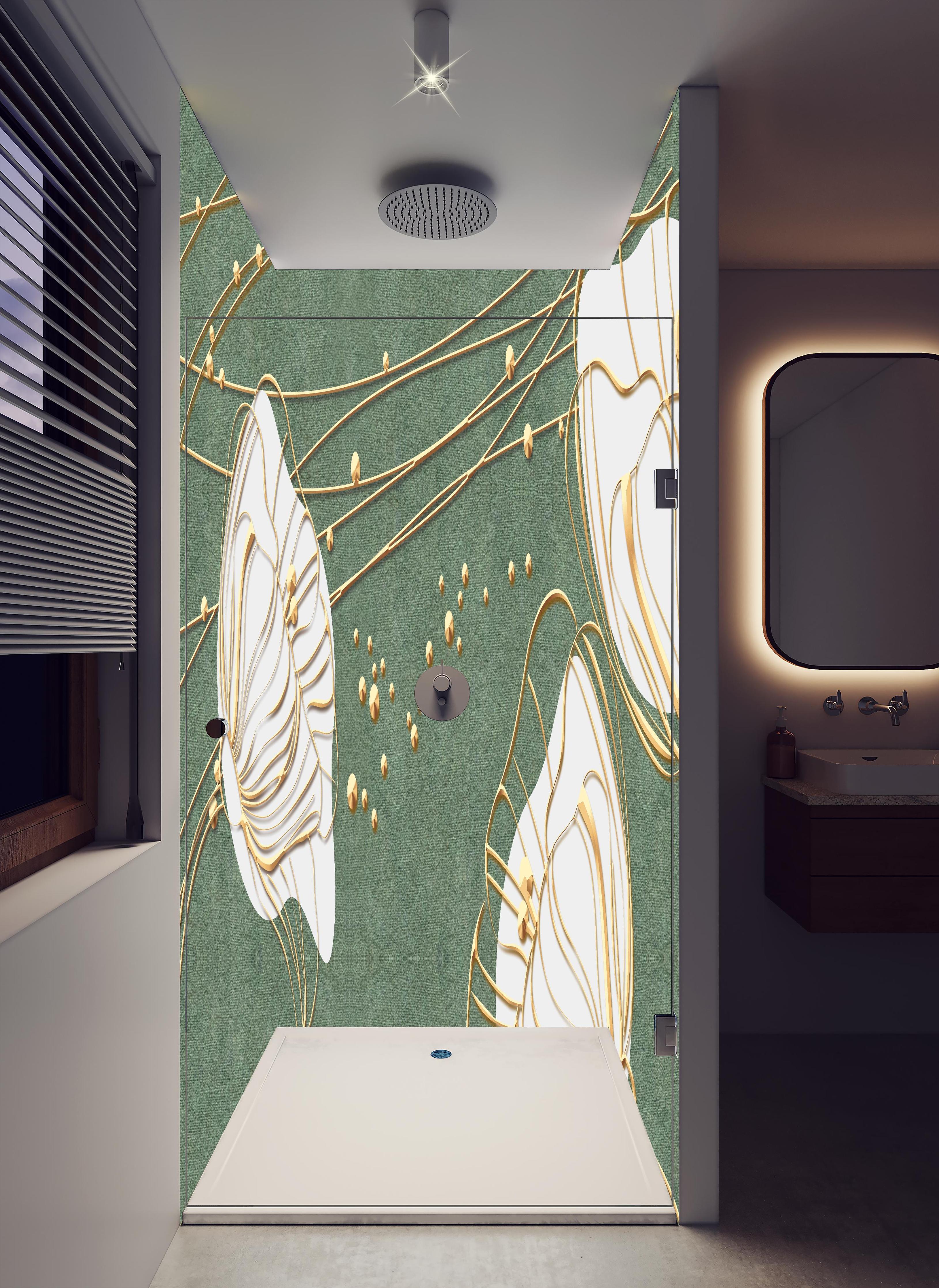 Duschrückwand - Große abstrakte Blumenkonturen Beige Grün in hellem Badezimmer mit Regenduschkopf - zweiteilige Eck-Duschrückwand
