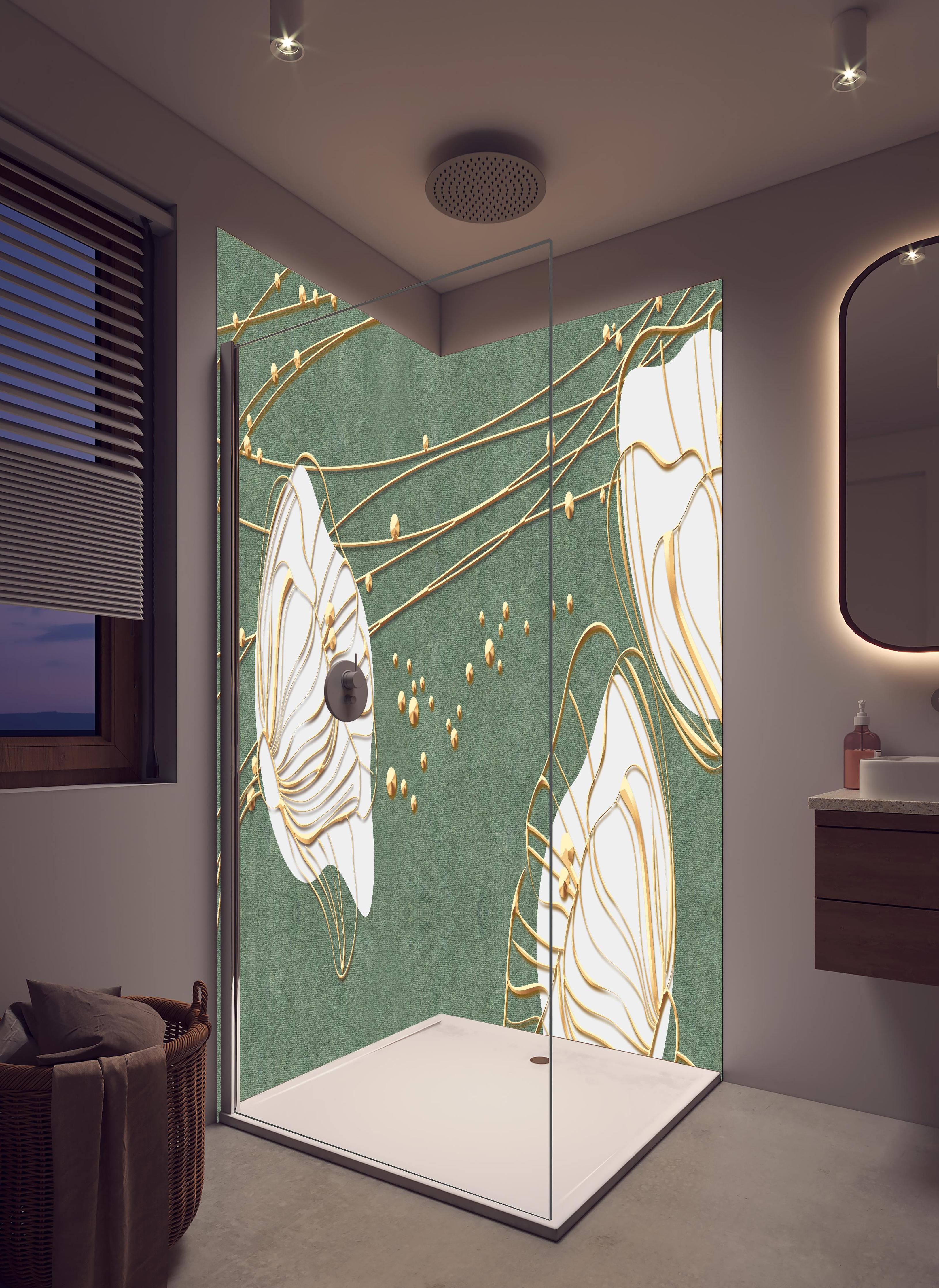 Duschrückwand - Große abstrakte Blumenkonturen Beige Grün in hellem Badezimmer mit Regenduschkopf - zweiteilige Eck-Duschrückwand