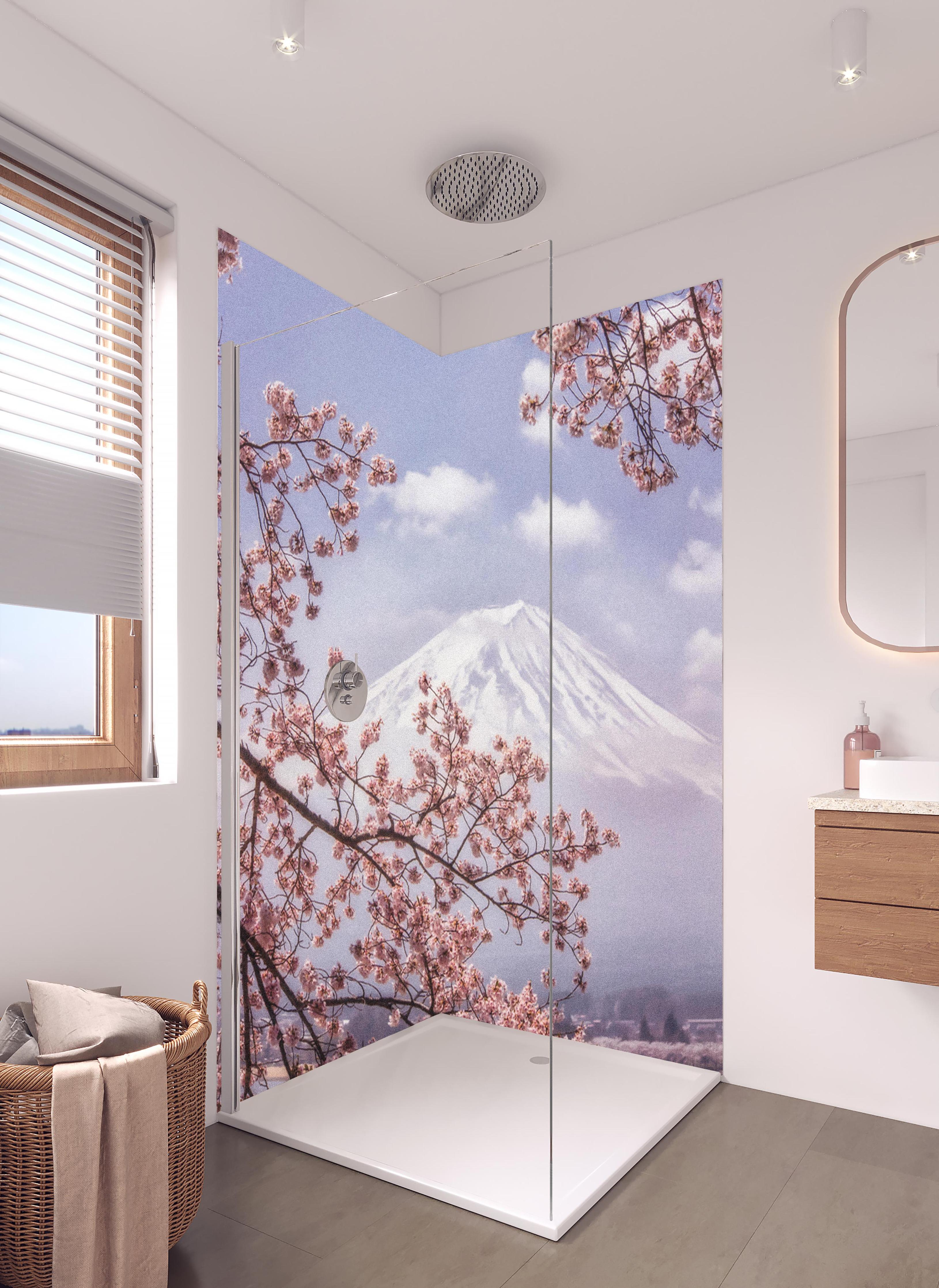 Duschrückwand - Großer Berg hinter Kirchblüten - Japan in hellem Badezimmer mit Regenduschkopf - zweiteilige Eck-Duschrückwand