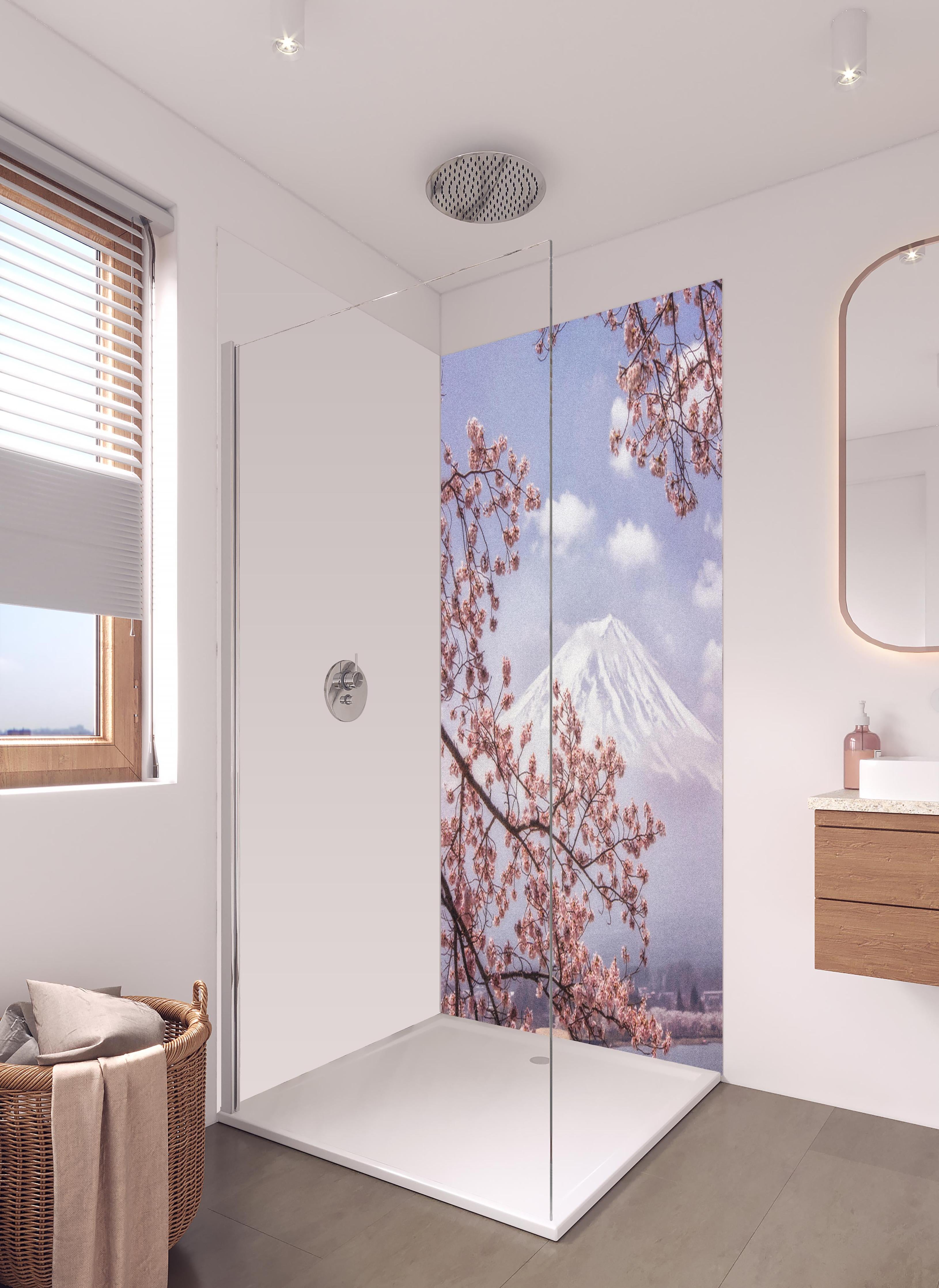 Duschrückwand - Großer Berg hinter Kirchblüten - Japan in hellem Badezimmer mit Regenduschkopf - zweiteilige Eck-Duschrückwand