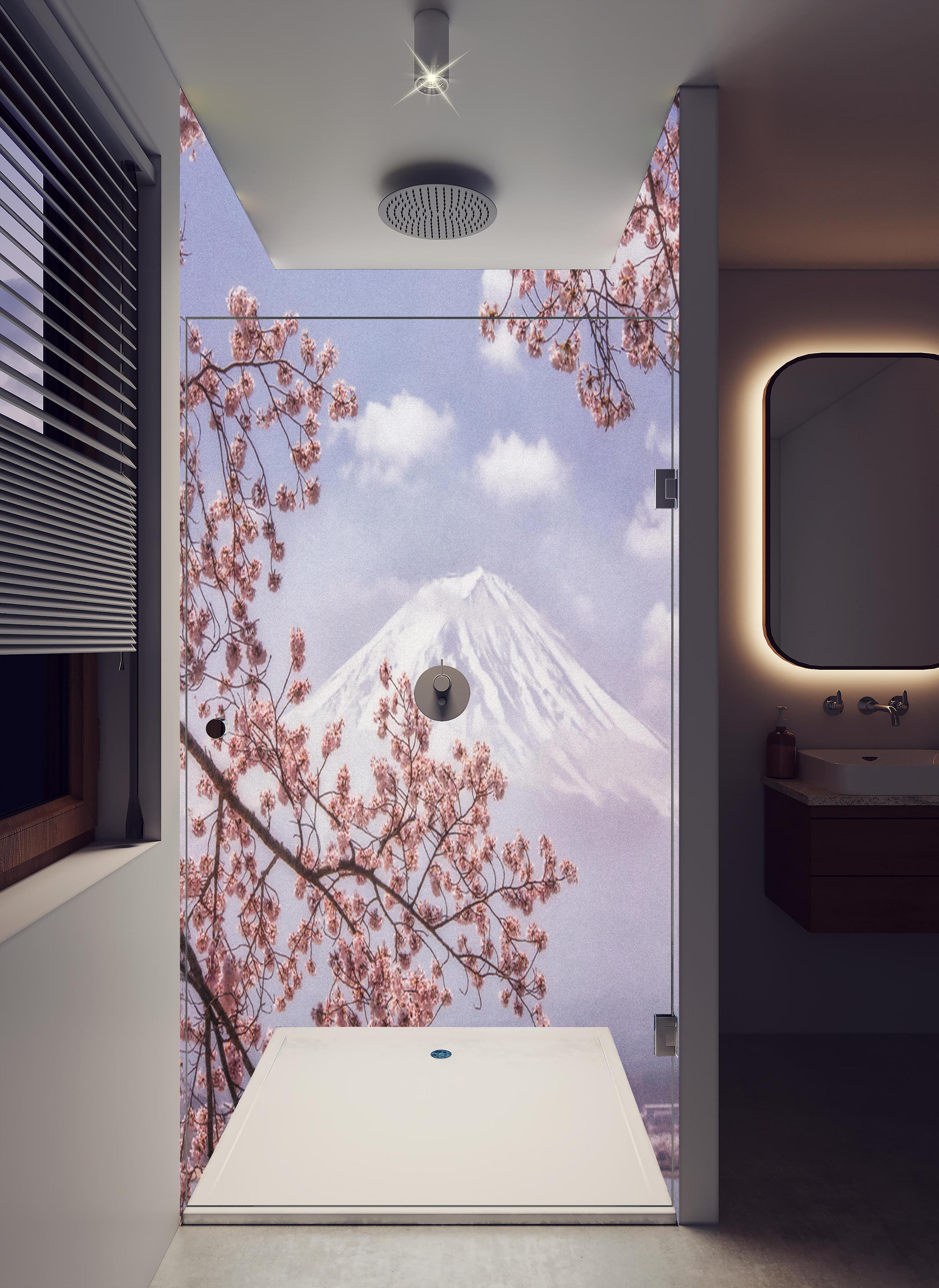 Duschrückwand - Großer Berg hinter Kirchblüten - Japan in hellem Badezimmer mit Regenduschkopf - zweiteilige Eck-Duschrückwand