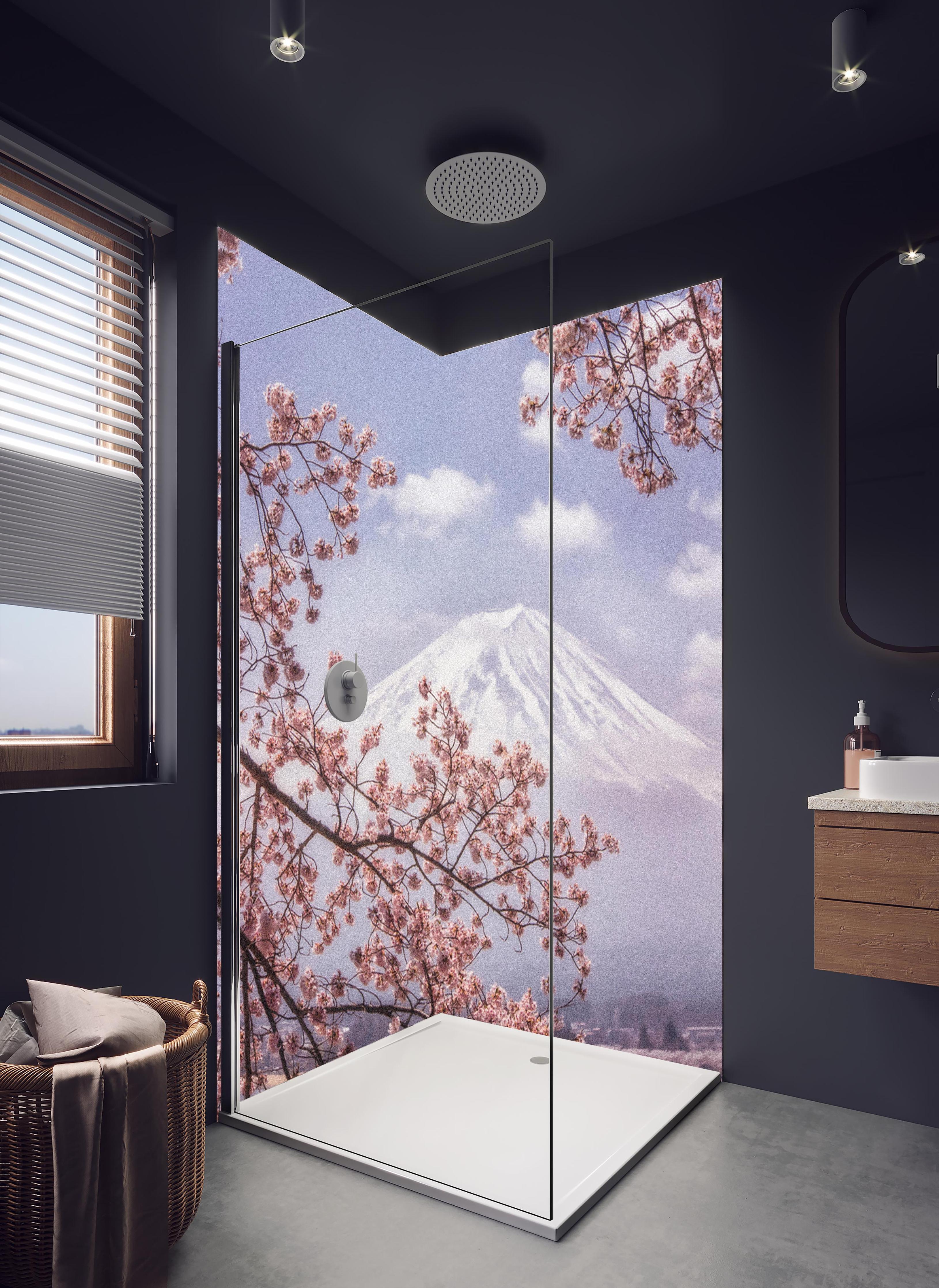 Duschrückwand - Großer Berg hinter Kirchblüten - Japan in hellem Badezimmer mit Regenduschkopf - zweiteilige Eck-Duschrückwand