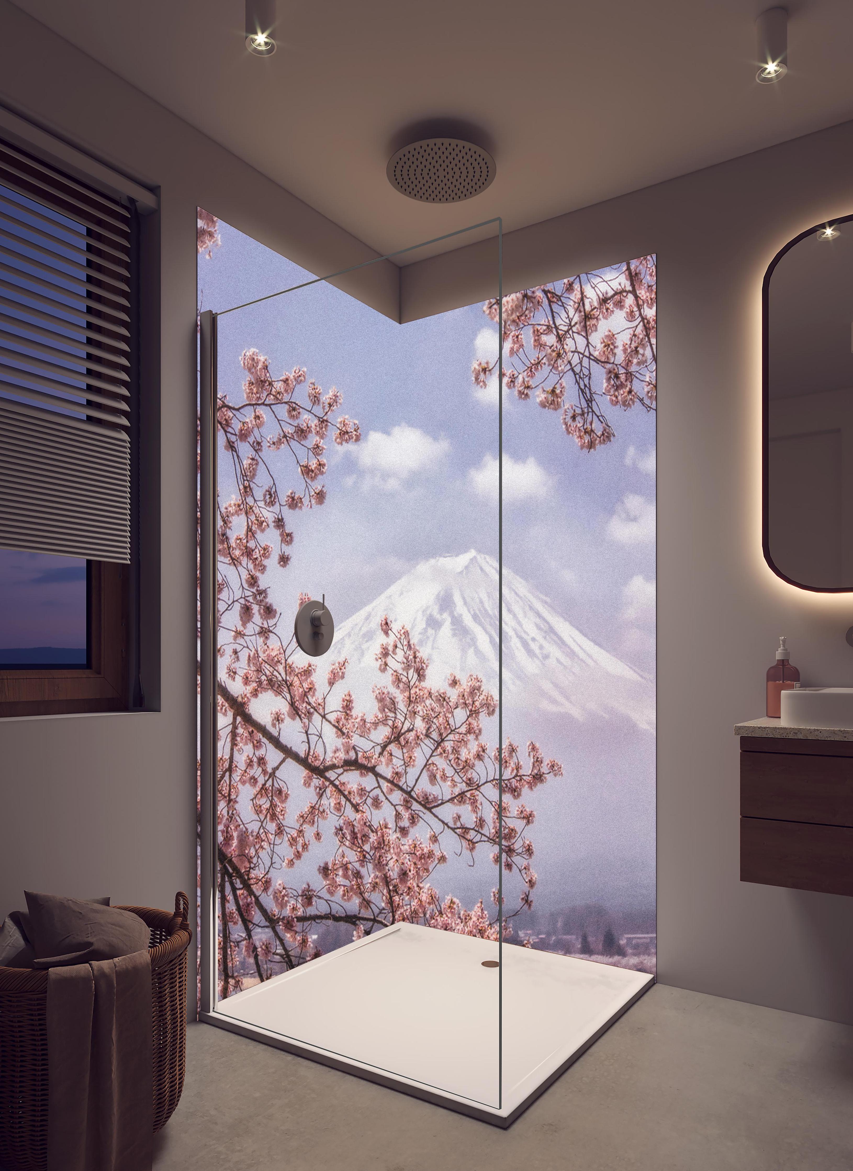 Duschrückwand - Großer Berg hinter Kirchblüten - Japan in hellem Badezimmer mit Regenduschkopf - zweiteilige Eck-Duschrückwand