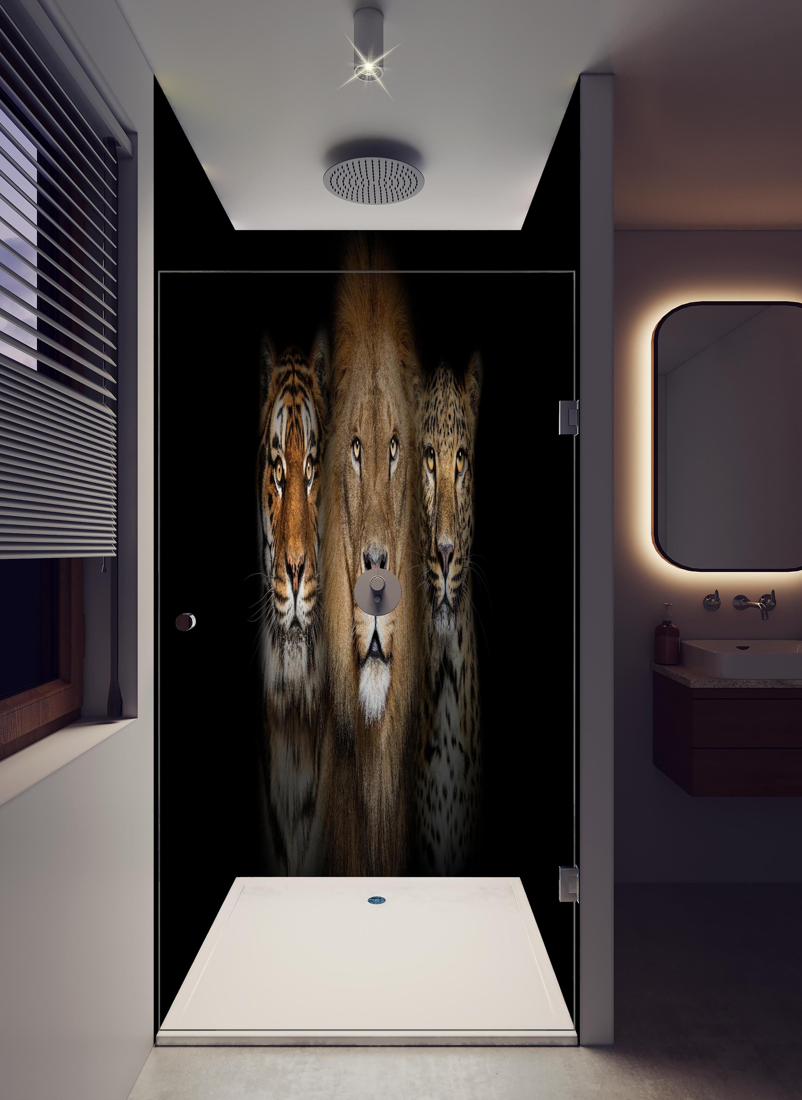 Duschrückwand - Großkatzen in hellem Badezimmer mit Regenduschkopf - zweiteilige Eck-Duschrückwand