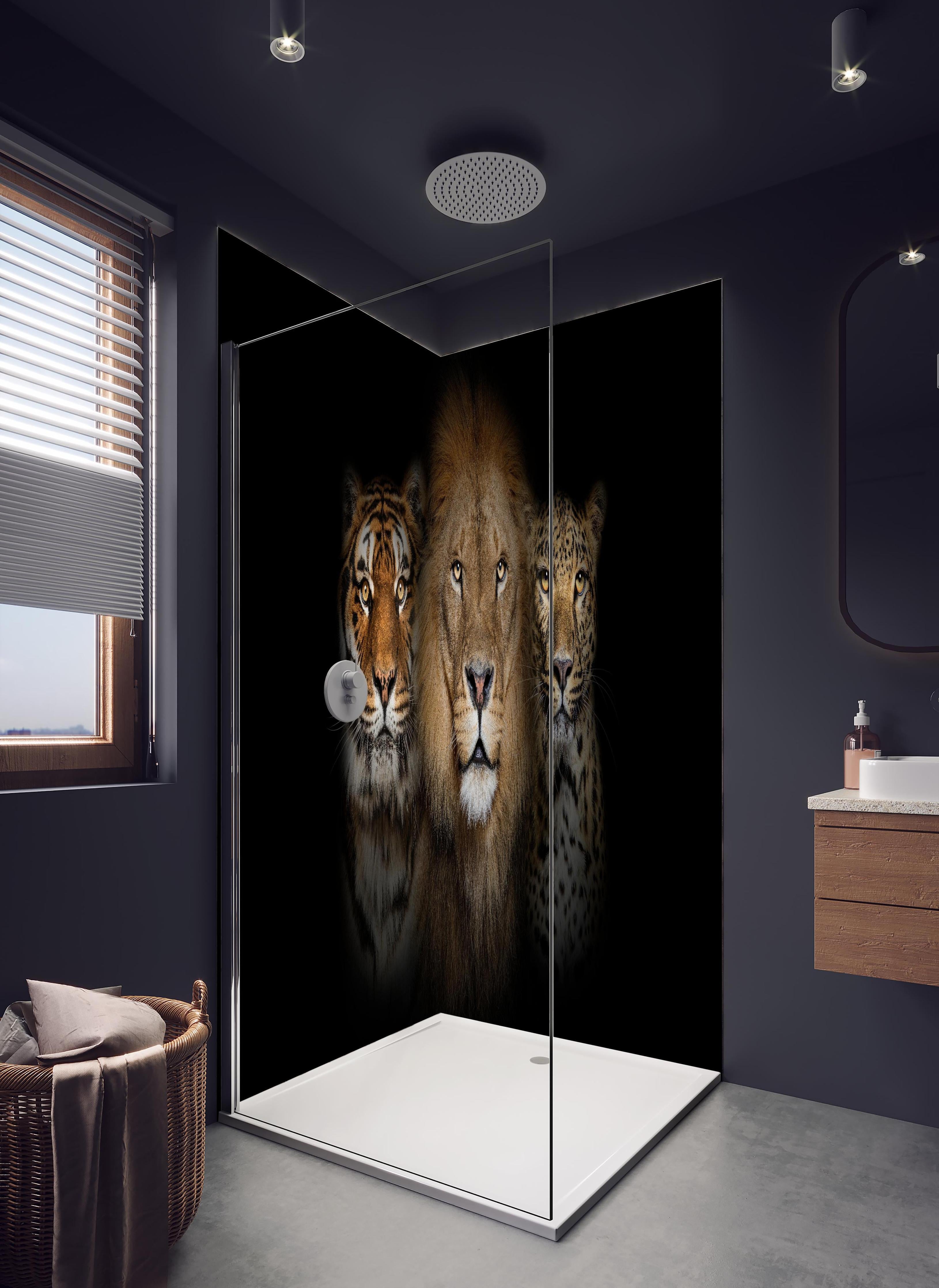 Duschrückwand - Großkatzen in hellem Badezimmer mit Regenduschkopf - zweiteilige Eck-Duschrückwand
