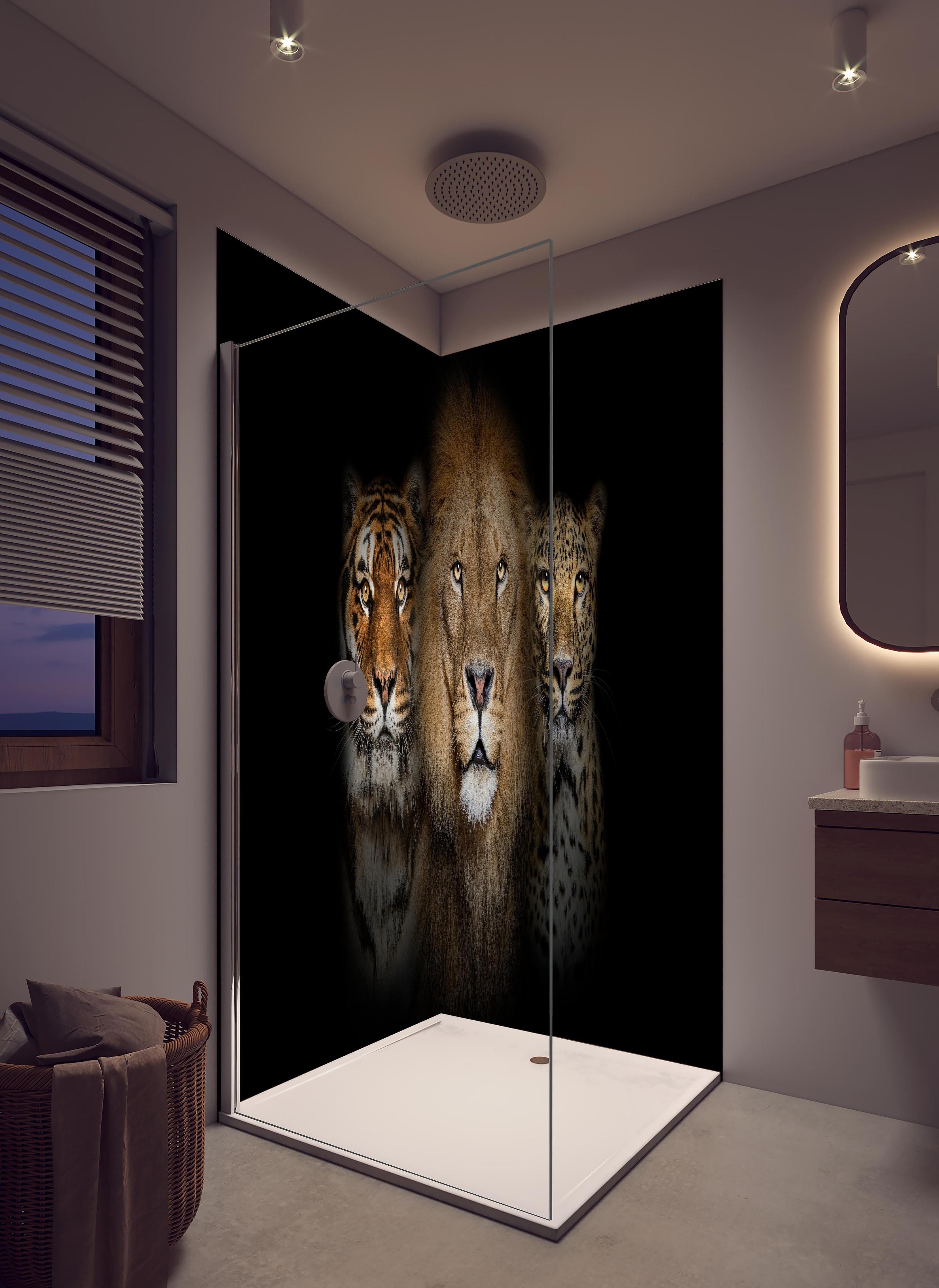 Duschrückwand - Großkatzen in hellem Badezimmer mit Regenduschkopf - zweiteilige Eck-Duschrückwand