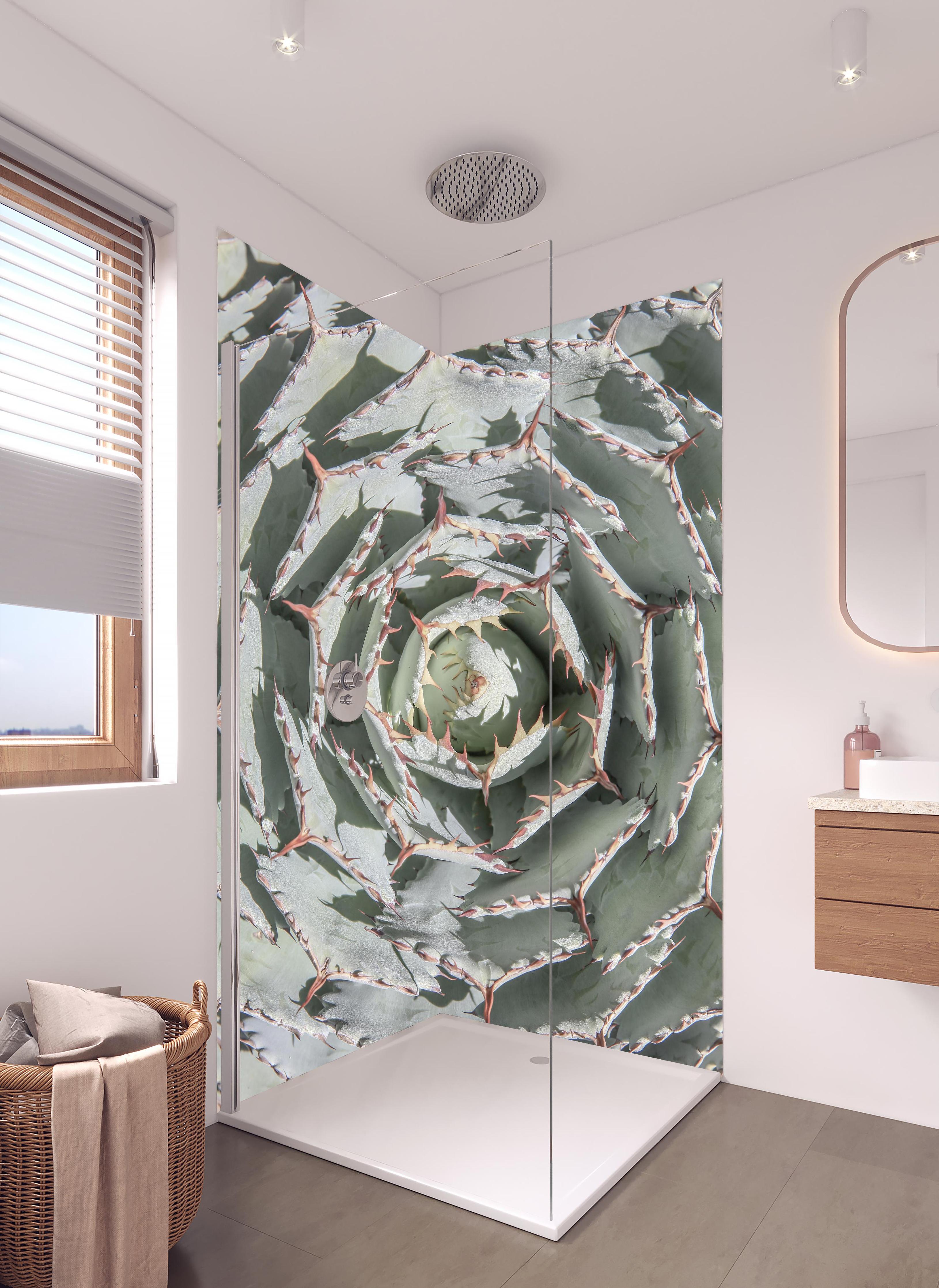 Duschrückwand - Grüne Agave Nahaufnahme mit Dornen in hellem Badezimmer mit Regenduschkopf - zweiteilige Eck-Duschrückwand