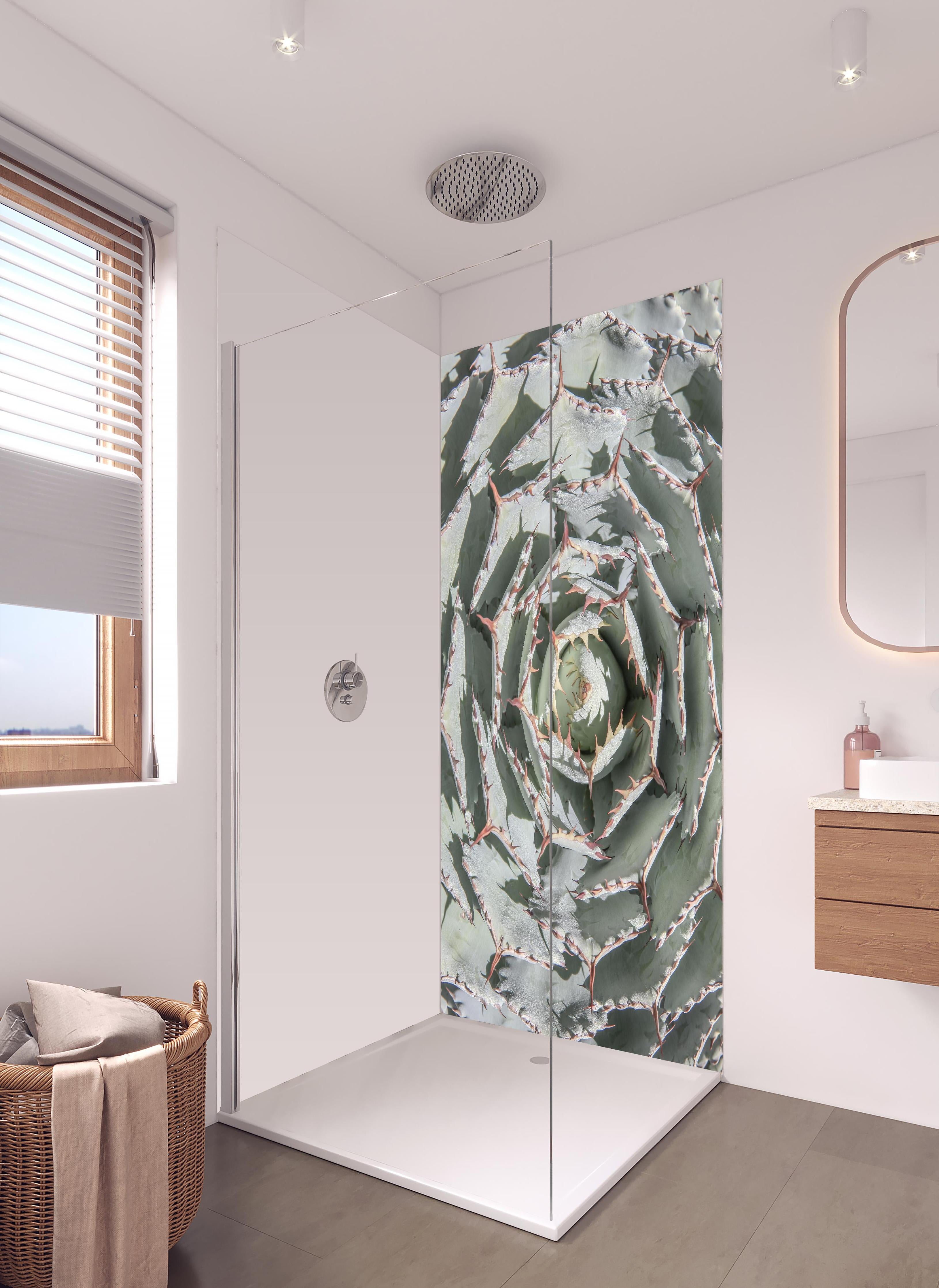 Duschrückwand - Grüne Agave Nahaufnahme mit Dornen in hellem Badezimmer mit Regenduschkopf - zweiteilige Eck-Duschrückwand