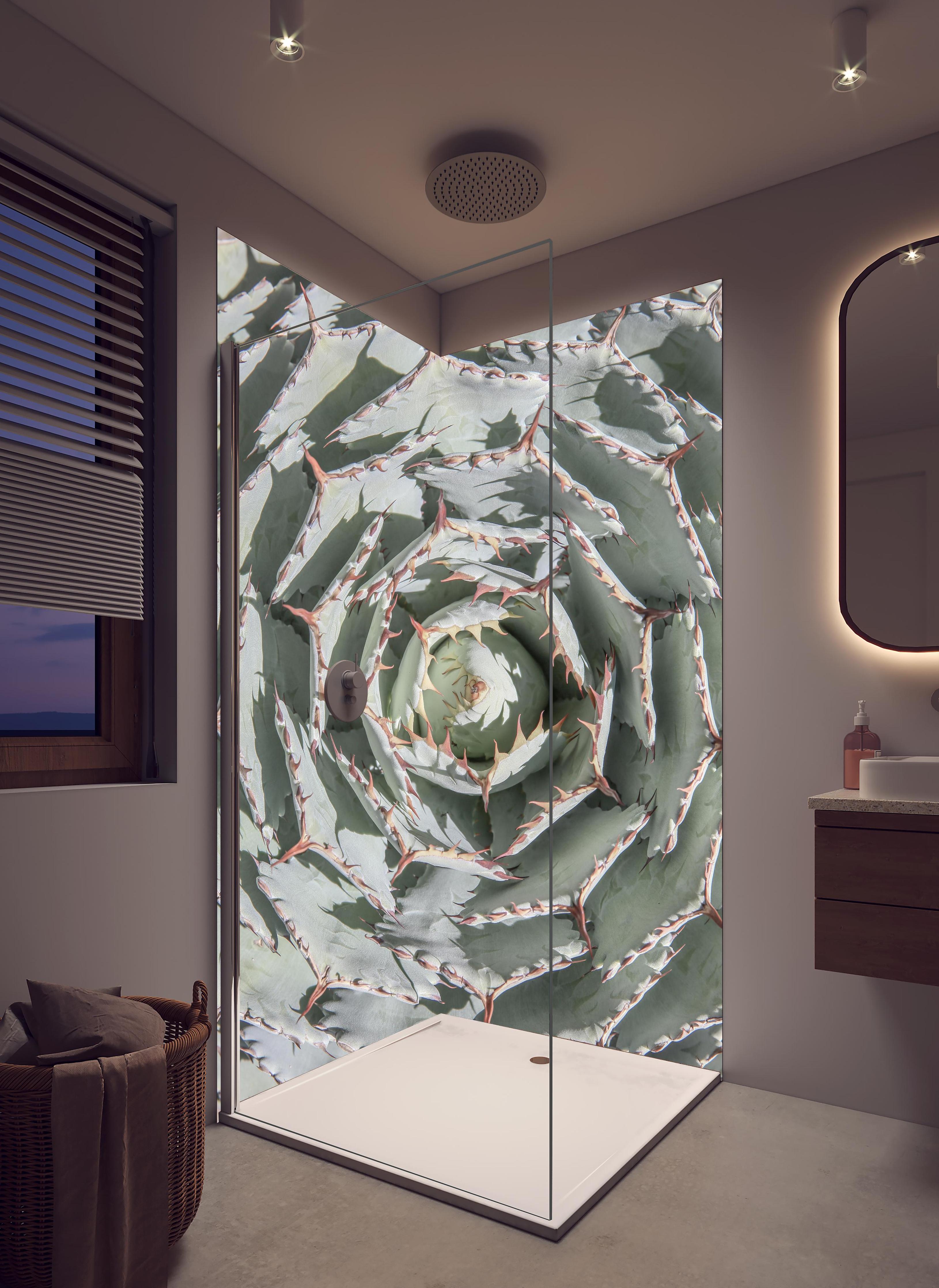 Duschrückwand - Grüne Agave Nahaufnahme mit Dornen in hellem Badezimmer mit Regenduschkopf - zweiteilige Eck-Duschrückwand