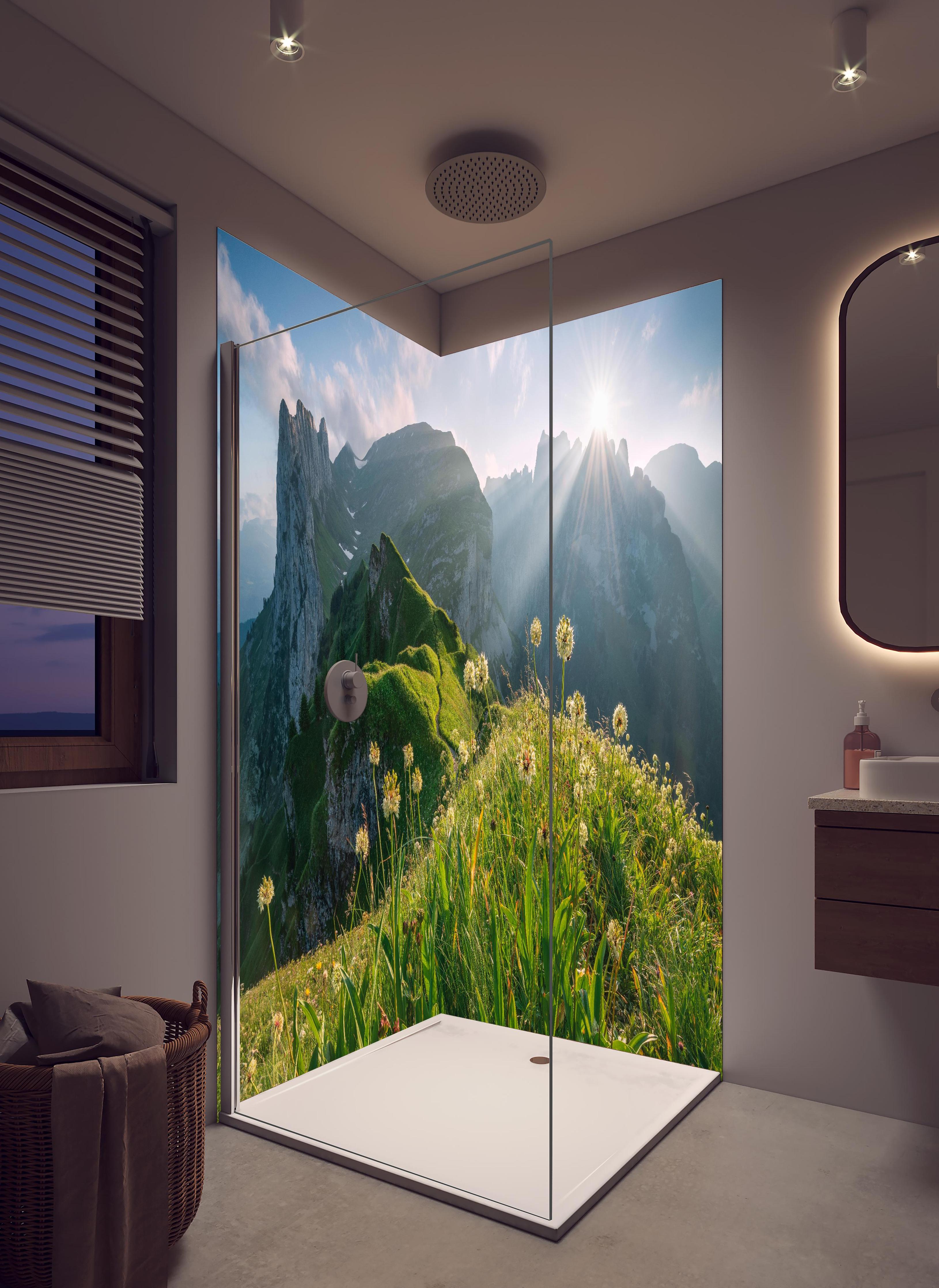 Duschrückwand - Grüne Alpenwiese mit Sommerblumen in hellem Badezimmer mit Regenduschkopf - zweiteilige Eck-Duschrückwand