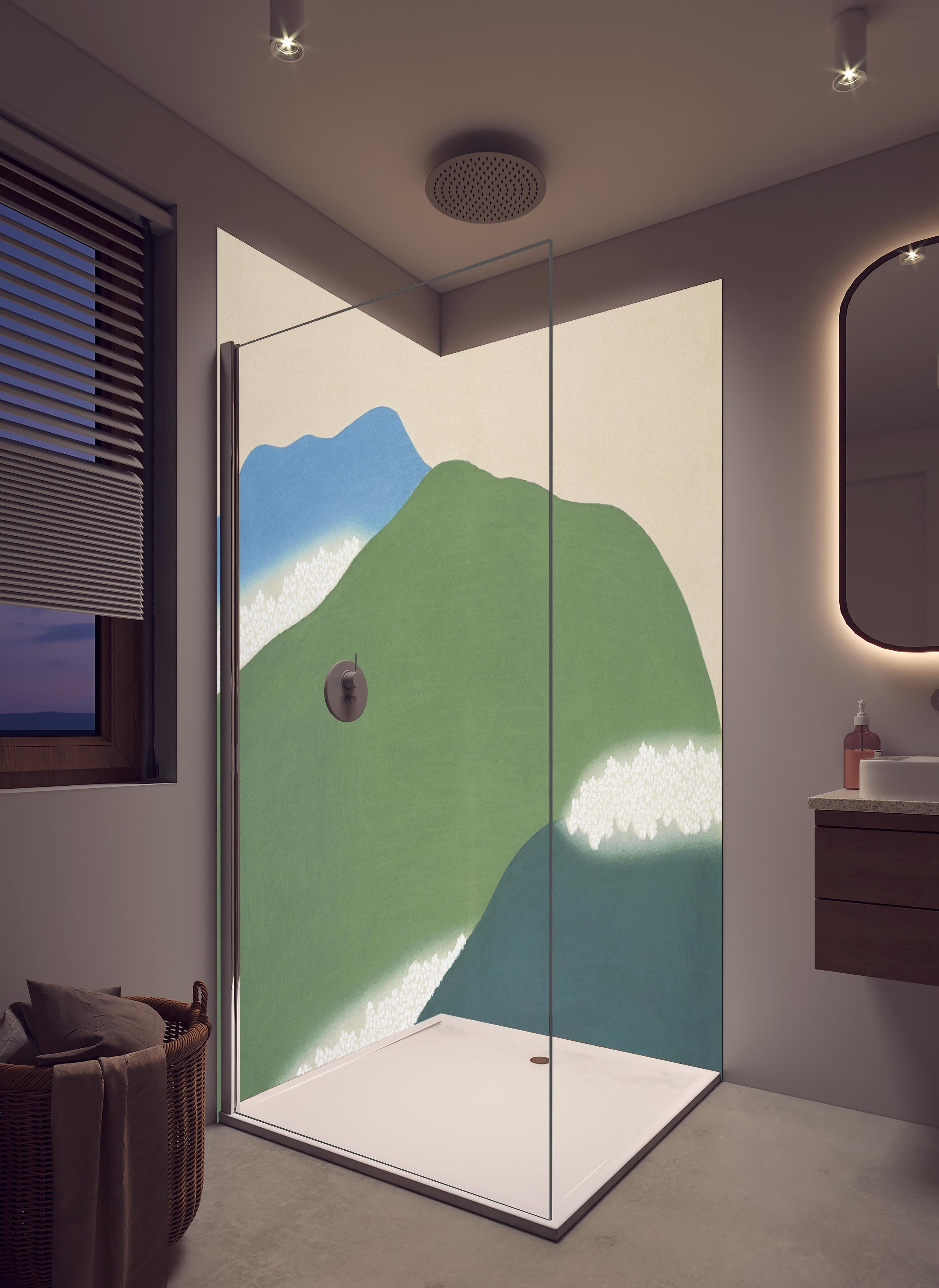 Duschrückwand - Grüne Berge von Kamisaka Sekka in hellem Badezimmer mit Regenduschkopf - zweiteilige Eck-Duschrückwand