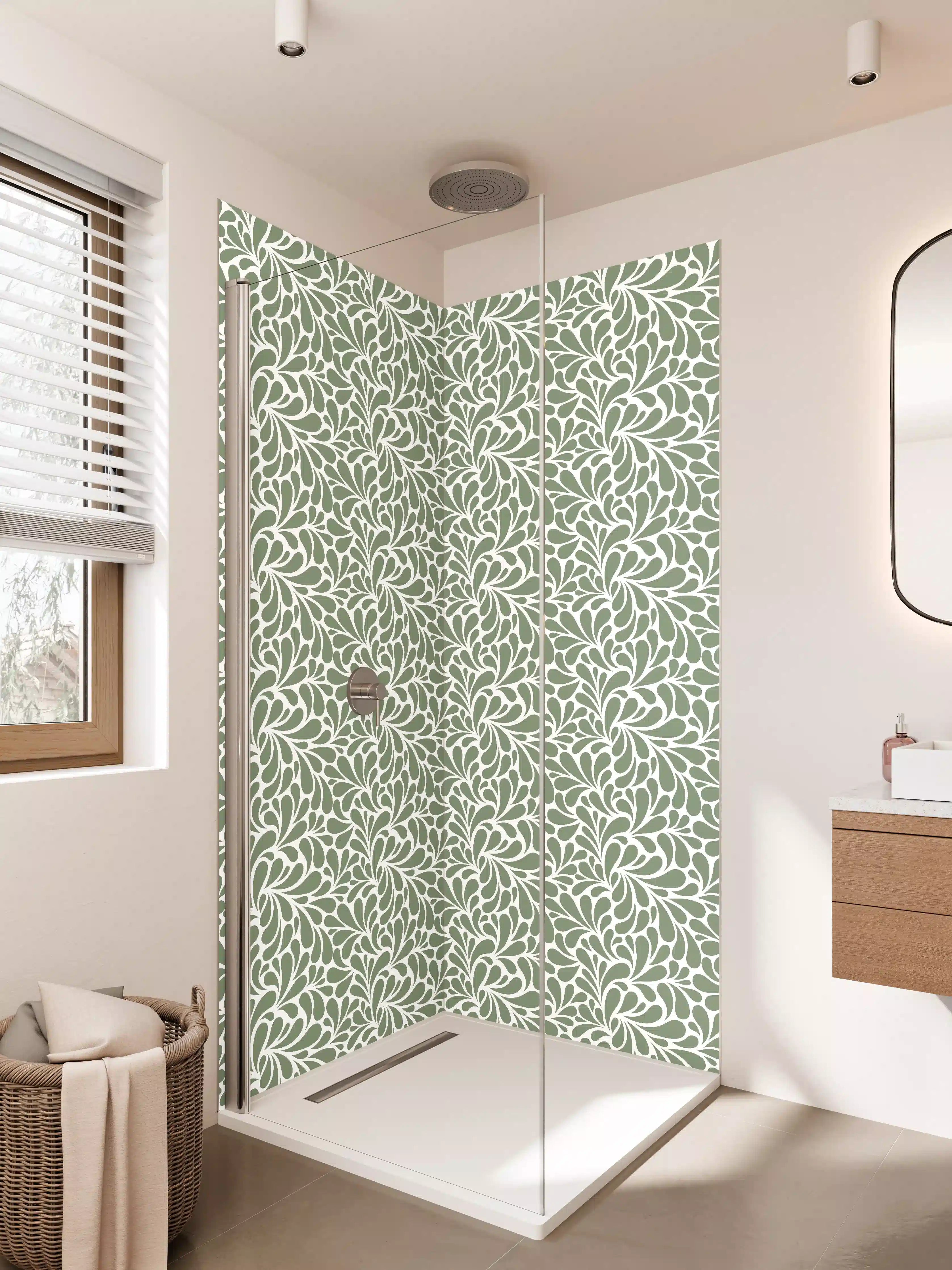 Duschrückwand - Grüne Blättermuster-Textur mit Weiß