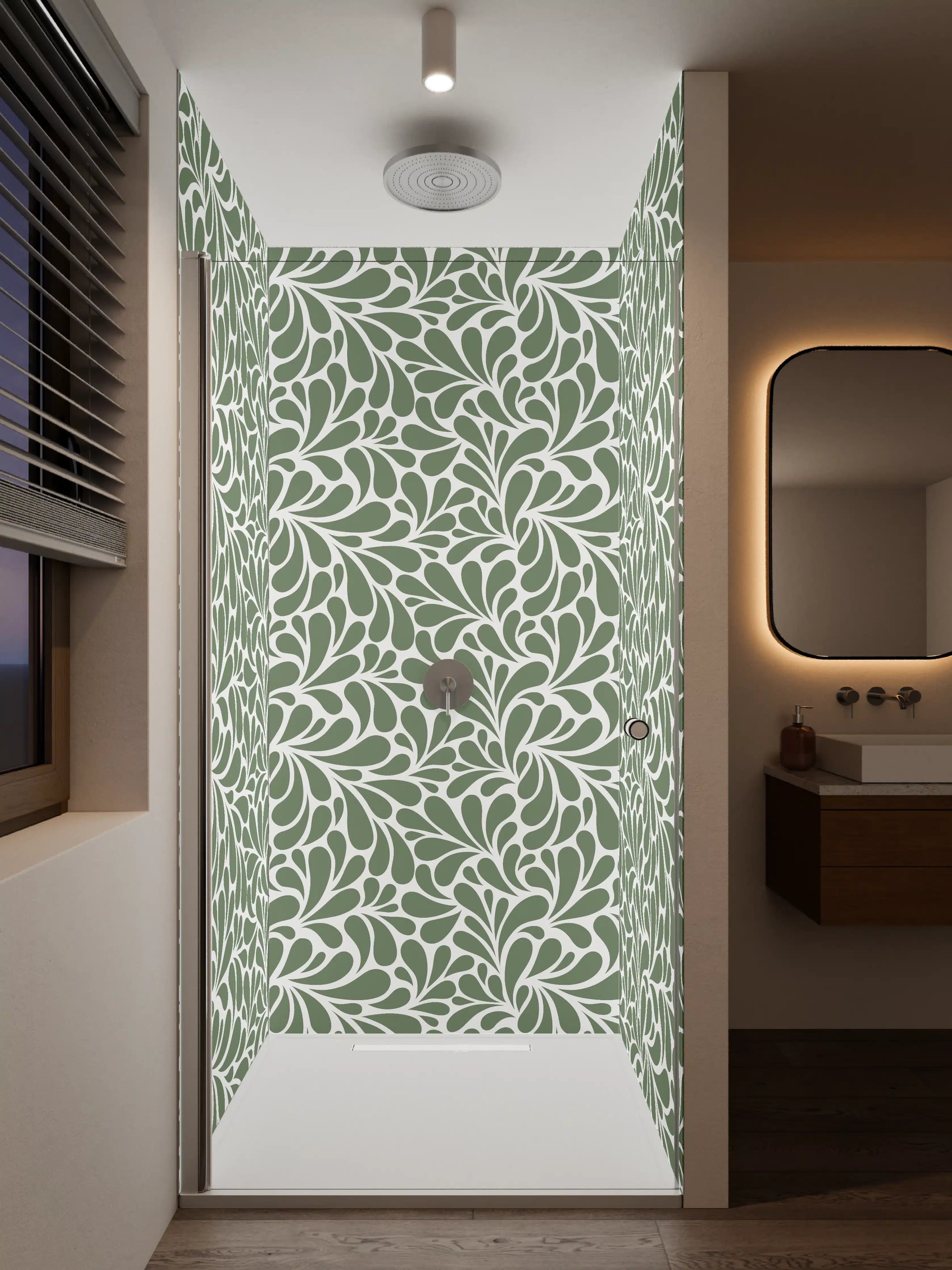 Duschrückwand - Grüne Blättermuster-Textur mit Weiß
