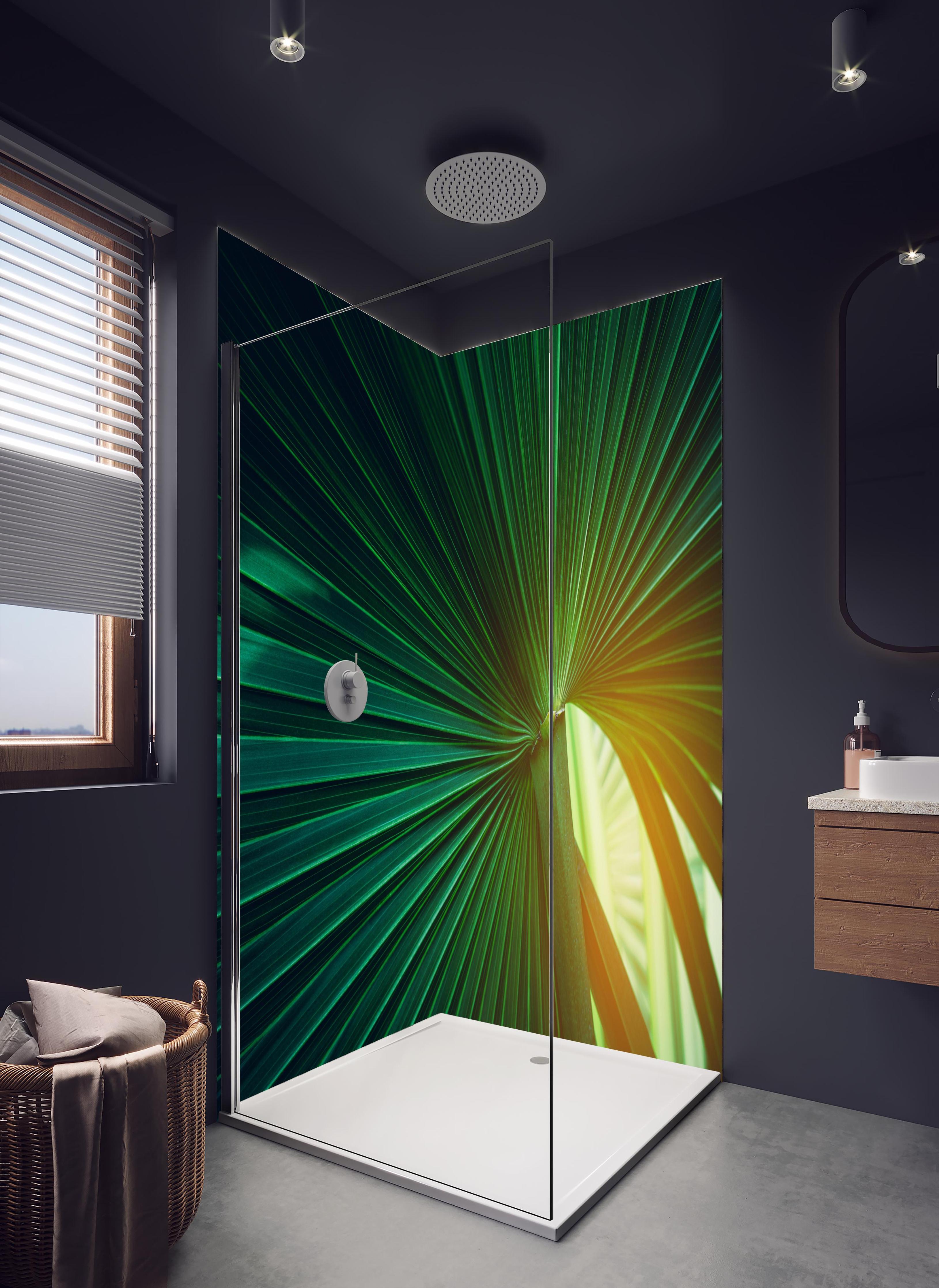 Duschrückwand - Grüne Blatt Textur in hellem Badezimmer mit Regenduschkopf - zweiteilige Eck-Duschrückwand