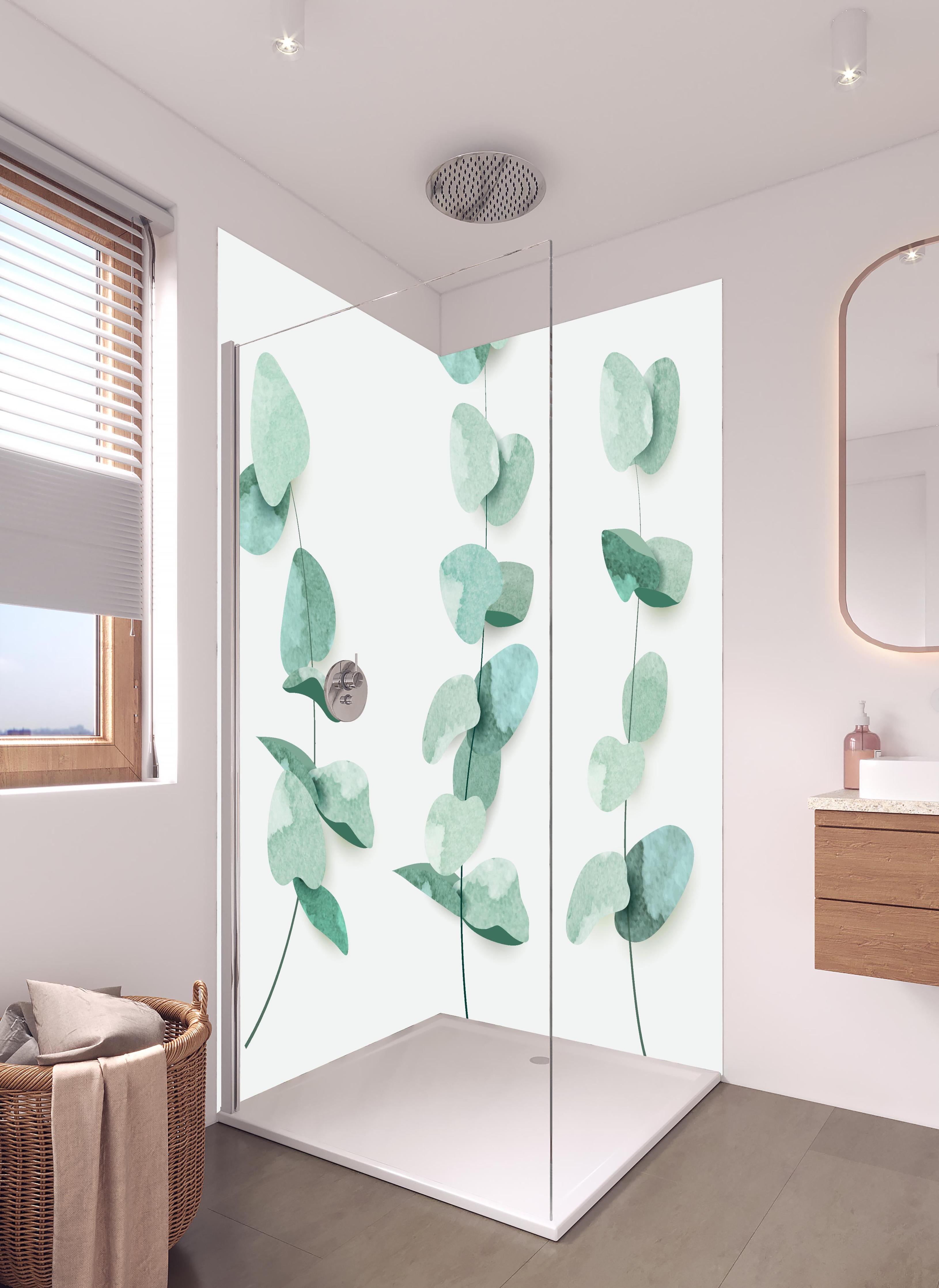 Duschrückwand - Grüne Eukalyptusblätter Aquarell Kunst Dekor in hellem Badezimmer mit Regenduschkopf - zweiteilige Eck-Duschrückwand