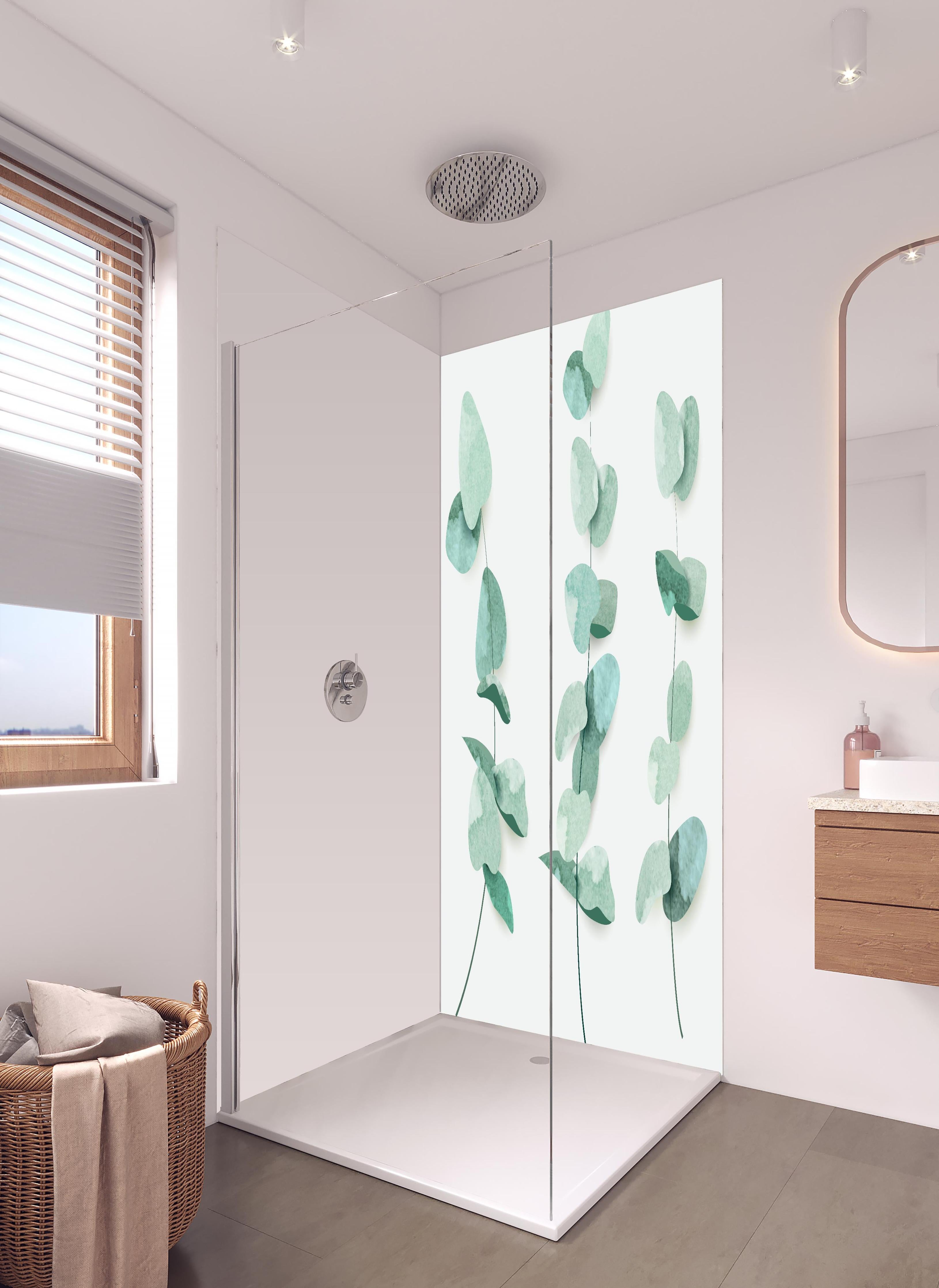 Duschrückwand - Grüne Eukalyptusblätter Aquarell Kunst Dekor in hellem Badezimmer mit Regenduschkopf - zweiteilige Eck-Duschrückwand