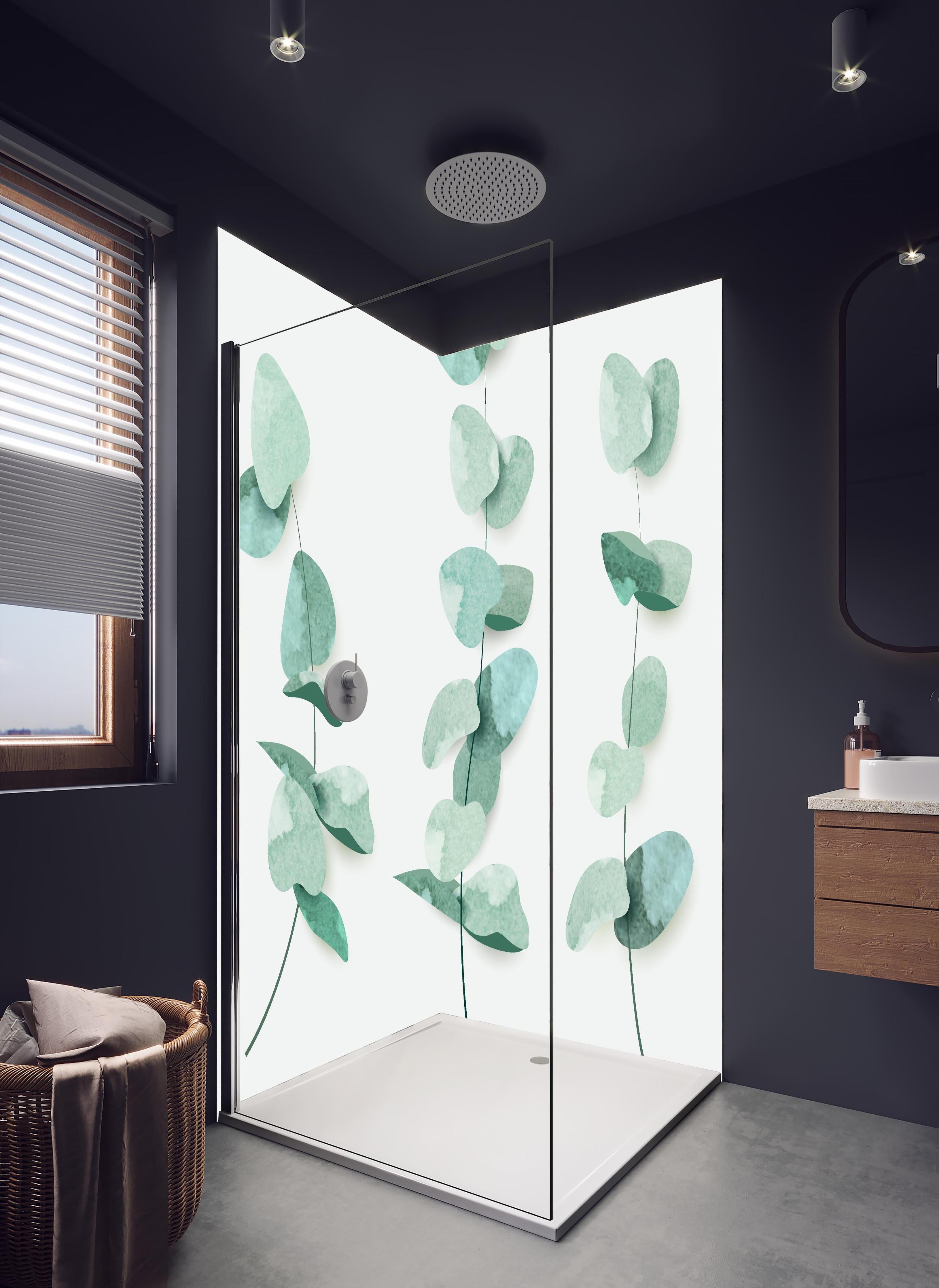 Duschrückwand - Grüne Eukalyptusblätter Aquarell Kunst Dekor in hellem Badezimmer mit Regenduschkopf - zweiteilige Eck-Duschrückwand