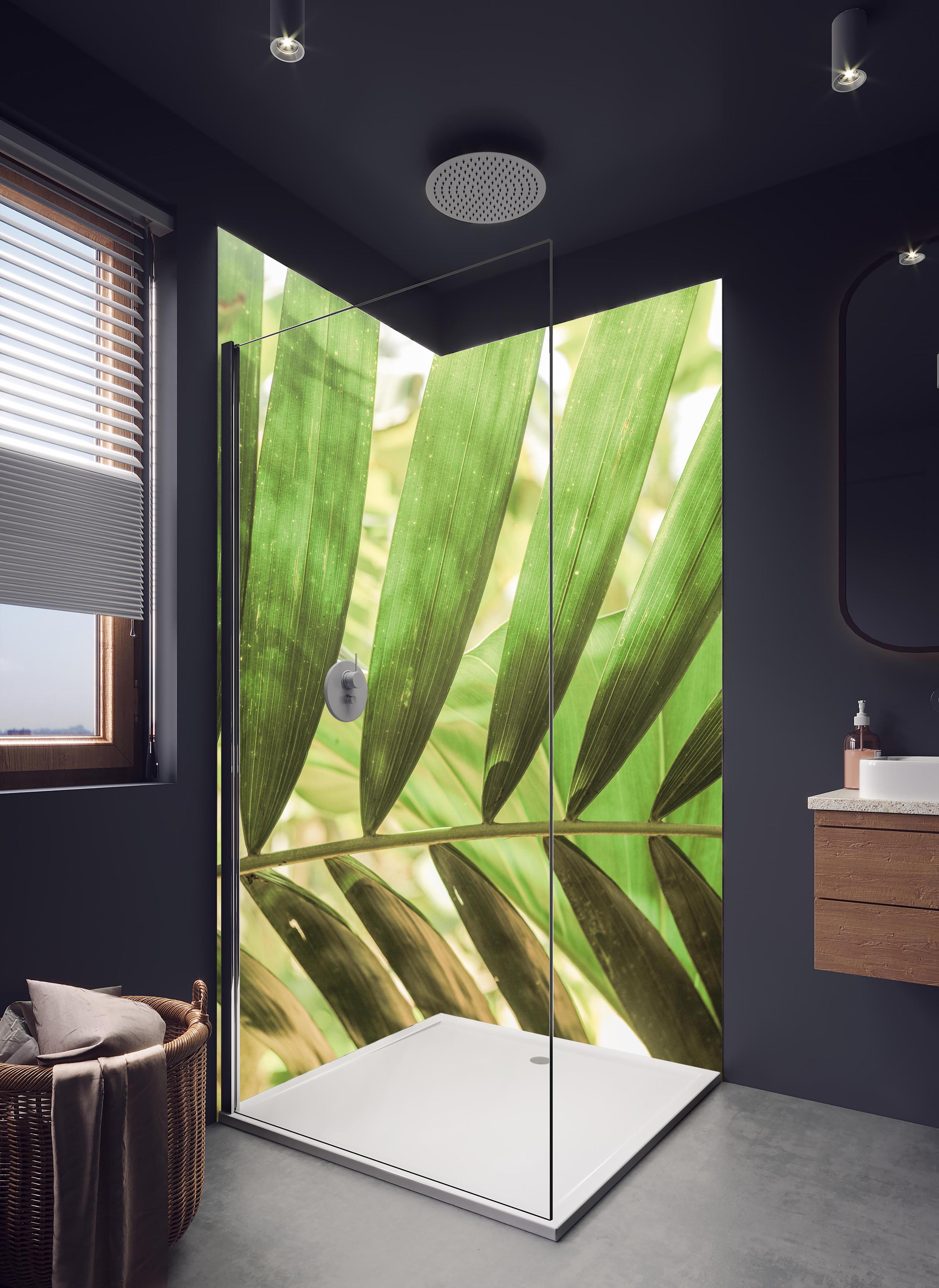 Duschrückwand - Grüne Palmenblätter in tropischem Licht in hellem Badezimmer mit Regenduschkopf - zweiteilige Eck-Duschrückwand