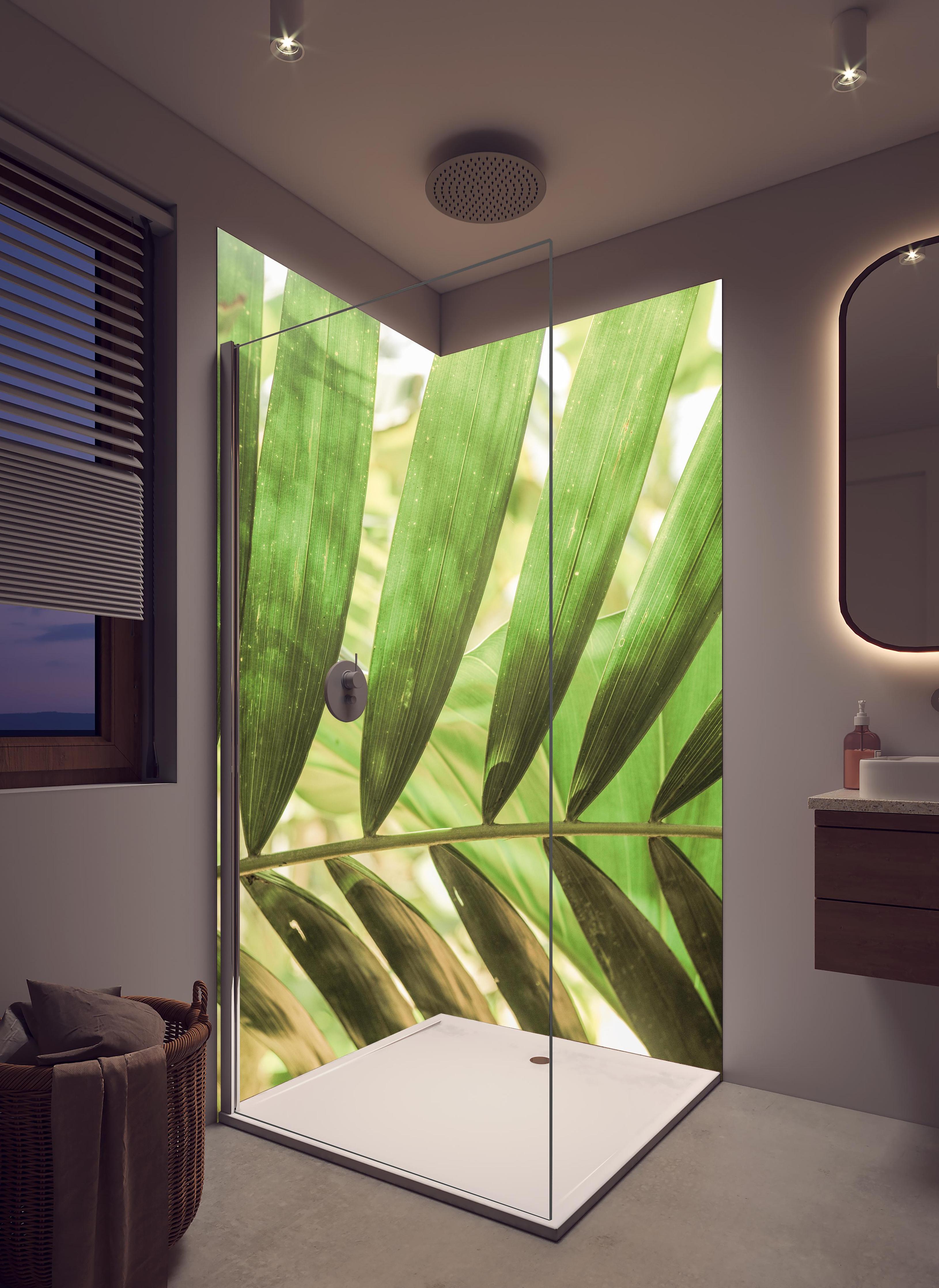 Duschrückwand - Grüne Palmenblätter in tropischem Licht in hellem Badezimmer mit Regenduschkopf - zweiteilige Eck-Duschrückwand