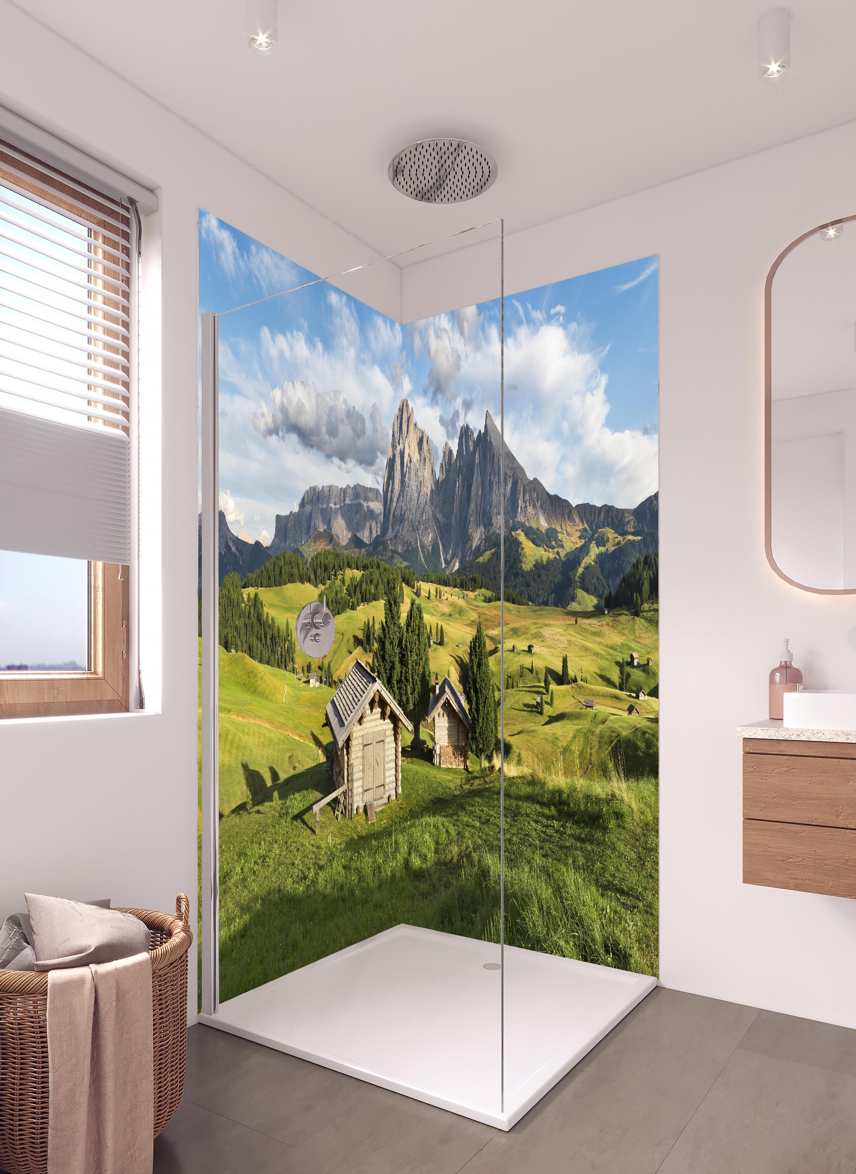 Duschrückwand - Grüne Sommerwiesen vor Alpenpanorama in hellem Badezimmer mit Regenduschkopf - zweiteilige Eck-Duschrückwand