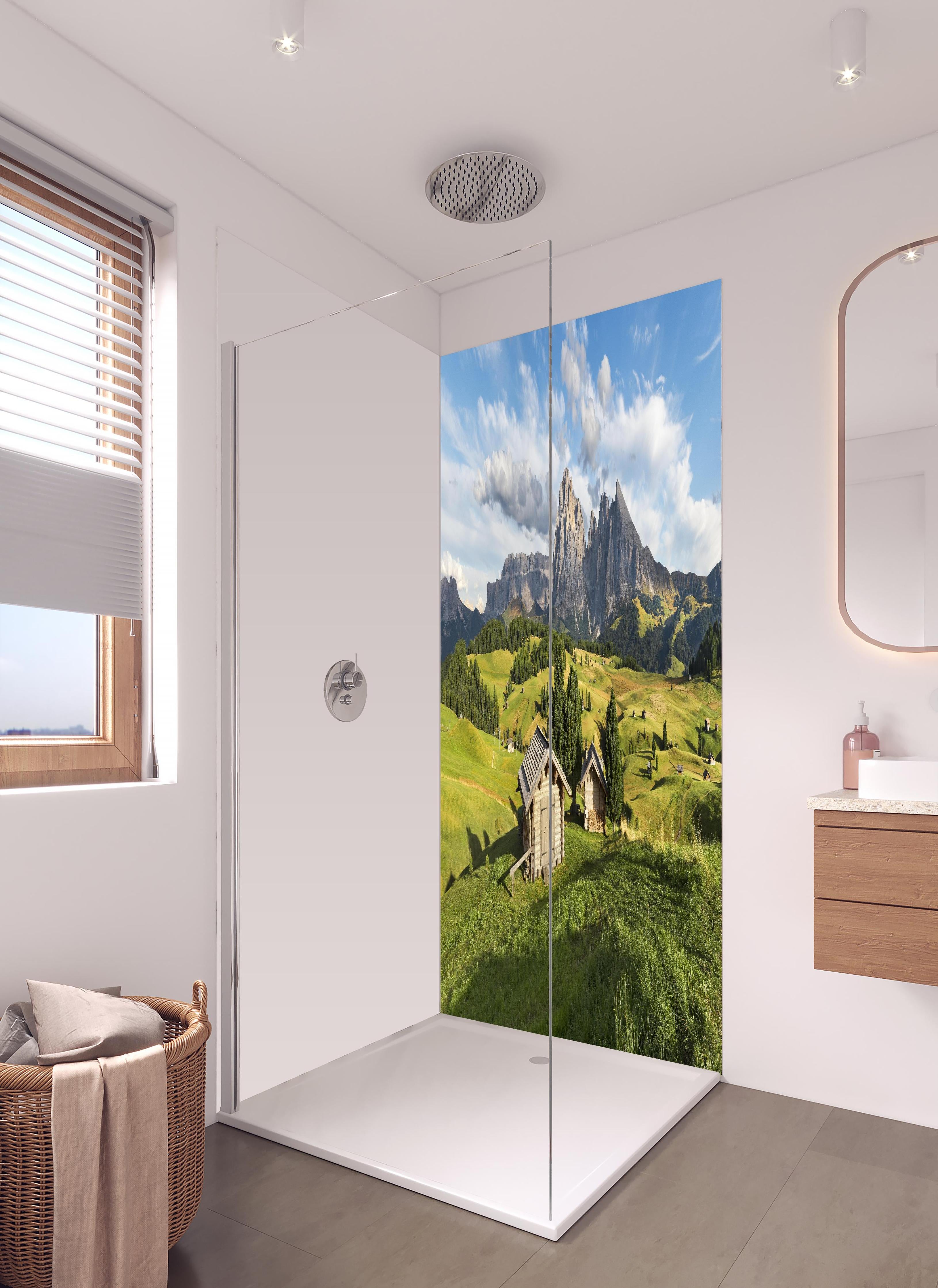 Duschrückwand - Grüne Sommerwiesen vor Alpenpanorama in hellem Badezimmer mit Regenduschkopf - zweiteilige Eck-Duschrückwand