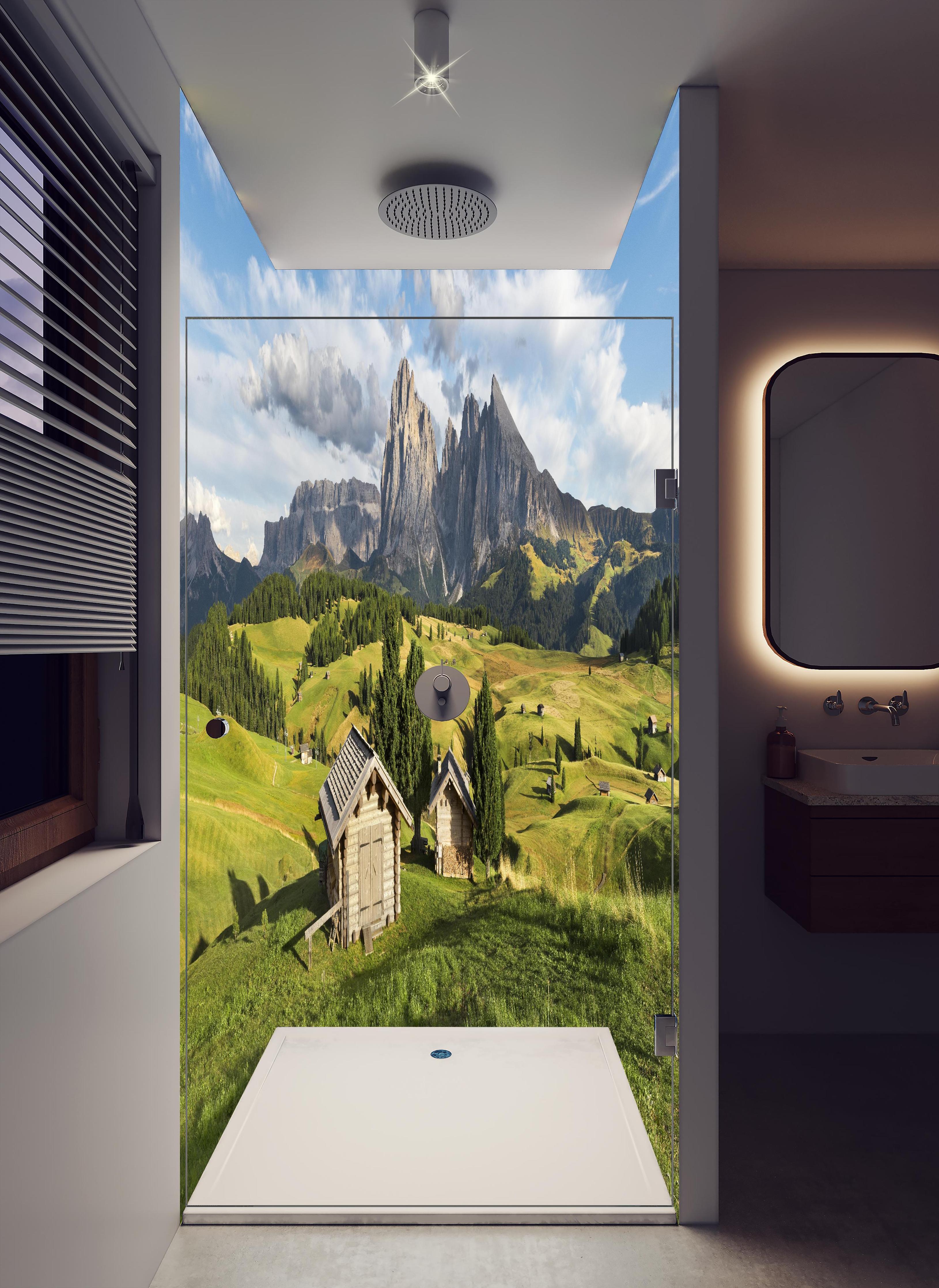 Duschrückwand - Grüne Sommerwiesen vor Alpenpanorama in hellem Badezimmer mit Regenduschkopf - zweiteilige Eck-Duschrückwand
