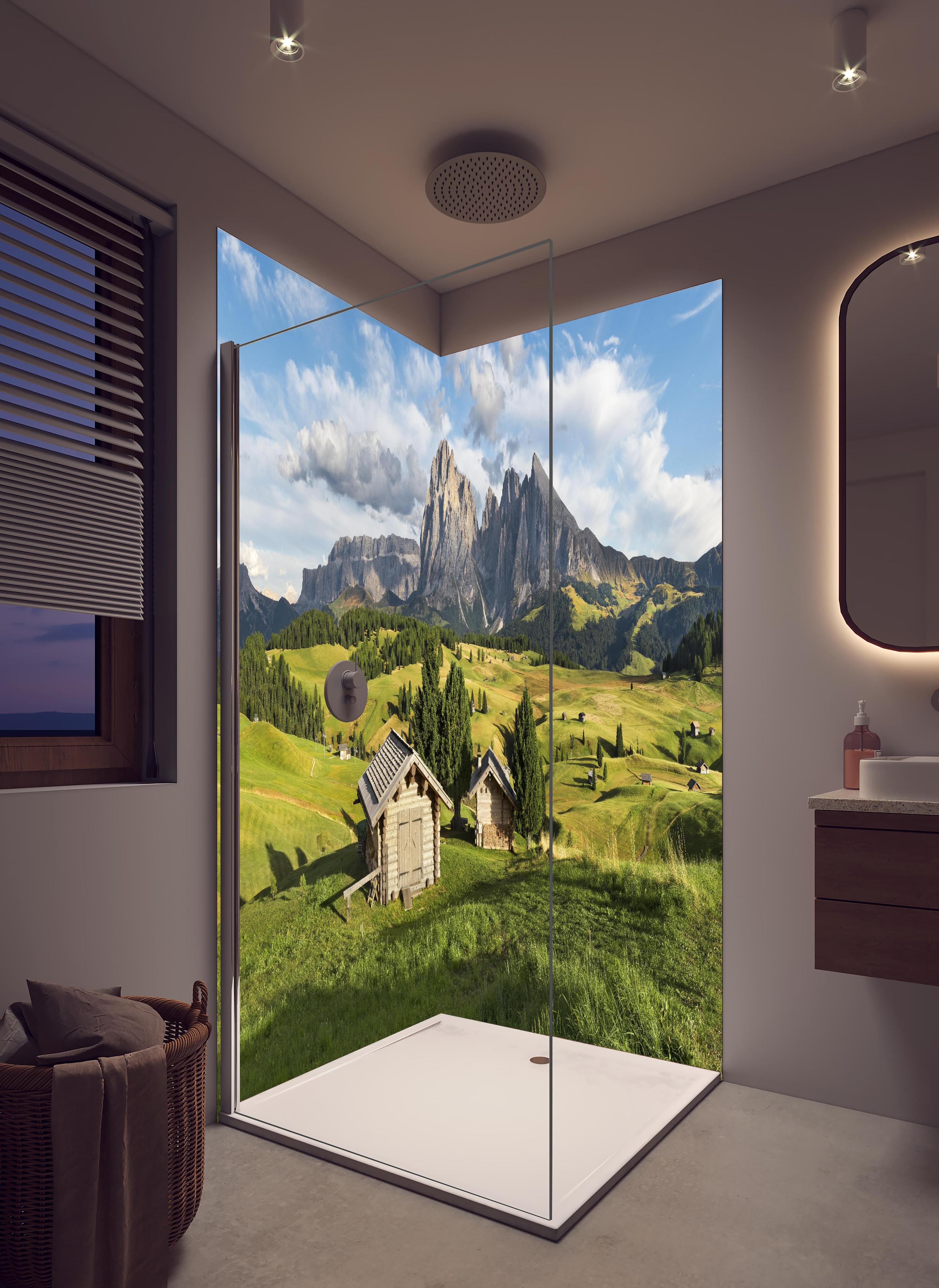 Duschrückwand - Grüne Sommerwiesen vor Alpenpanorama in hellem Badezimmer mit Regenduschkopf - zweiteilige Eck-Duschrückwand