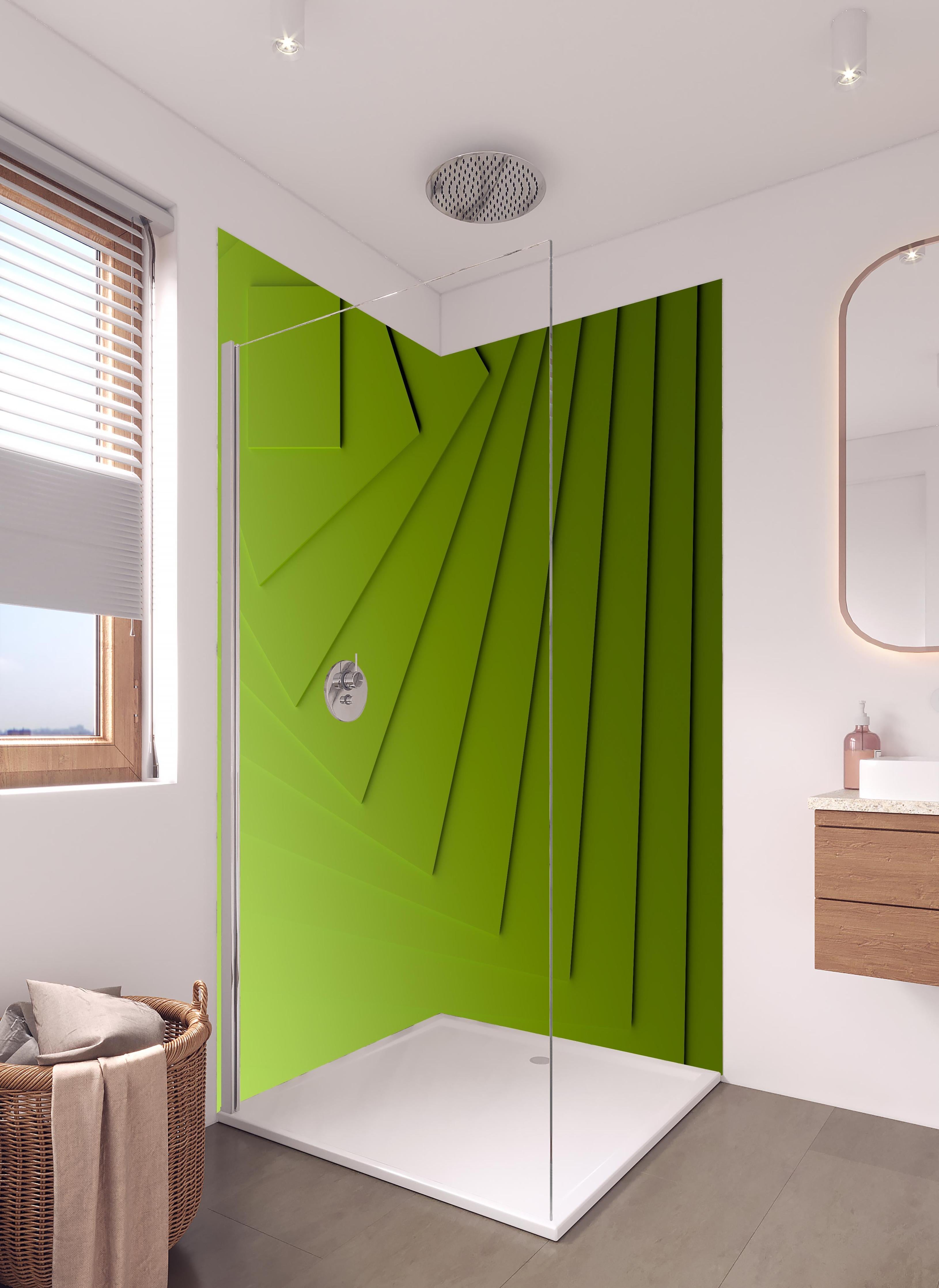 Duschrückwand - Grüner Moderner Hintergrund in hellem Badezimmer mit Regenduschkopf - zweiteilige Eck-Duschrückwand