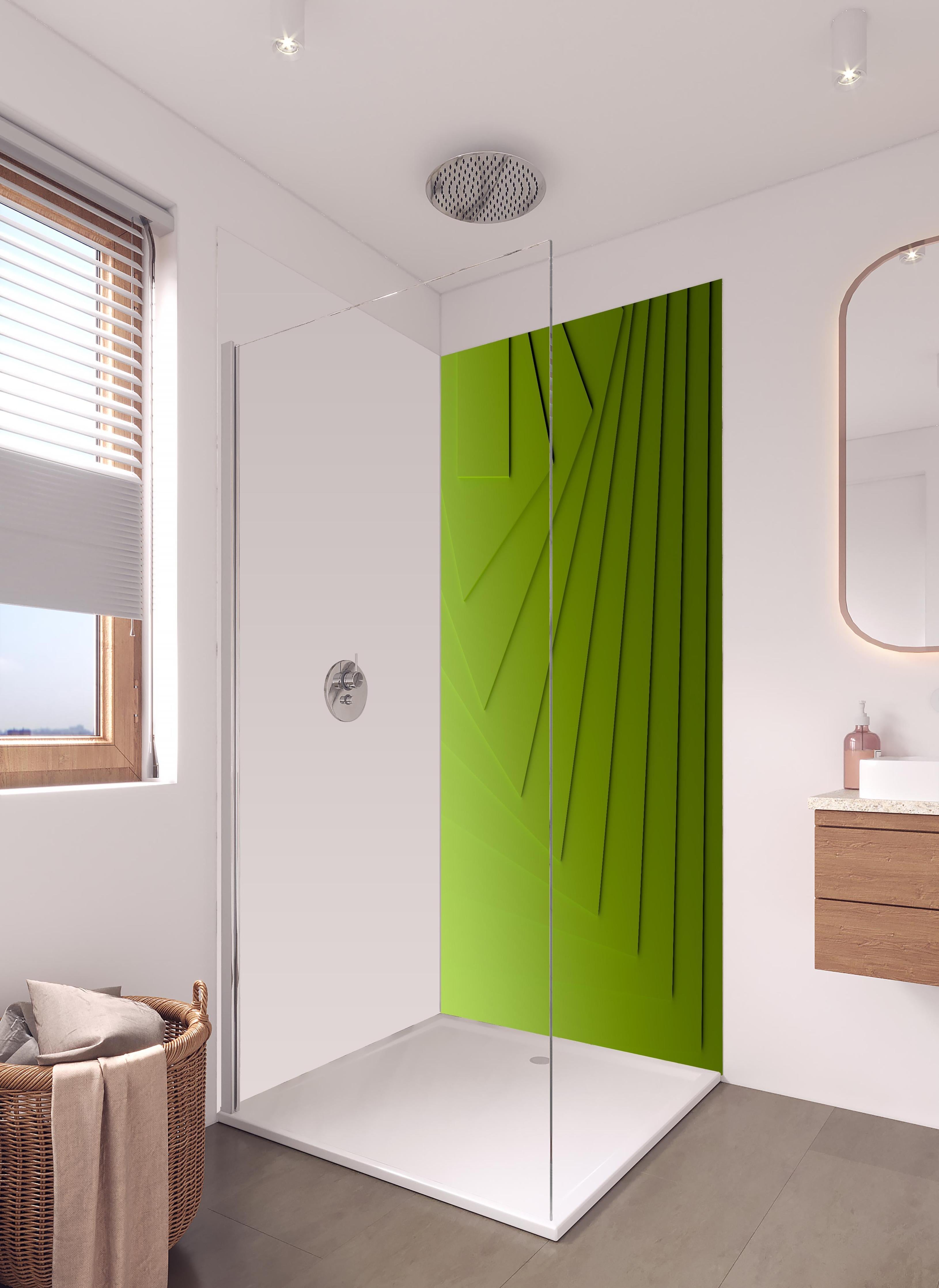 Duschrückwand - Grüner Moderner Hintergrund in hellem Badezimmer mit Regenduschkopf - zweiteilige Eck-Duschrückwand