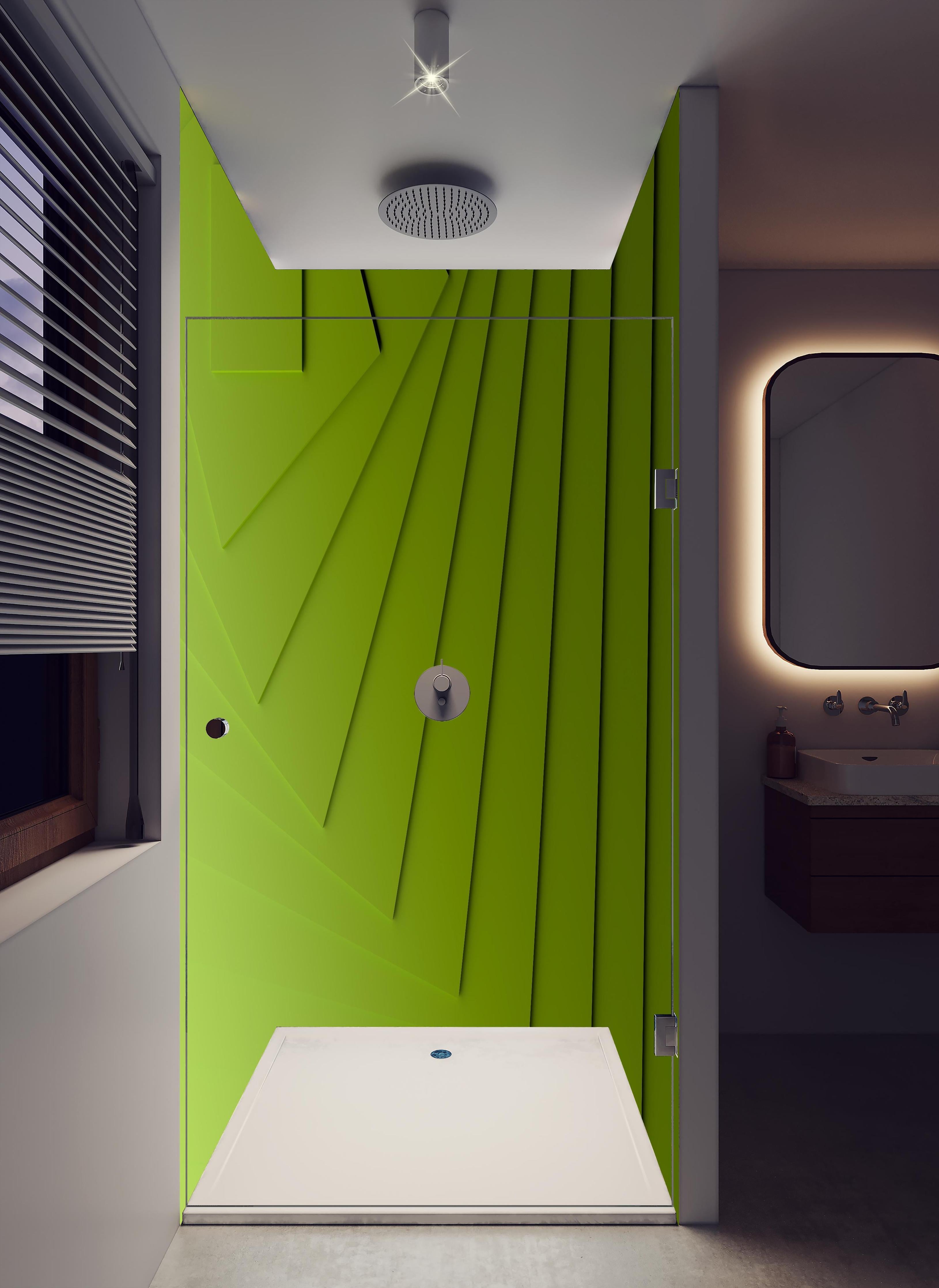 Duschrückwand - Grüner Moderner Hintergrund in hellem Badezimmer mit Regenduschkopf - zweiteilige Eck-Duschrückwand
