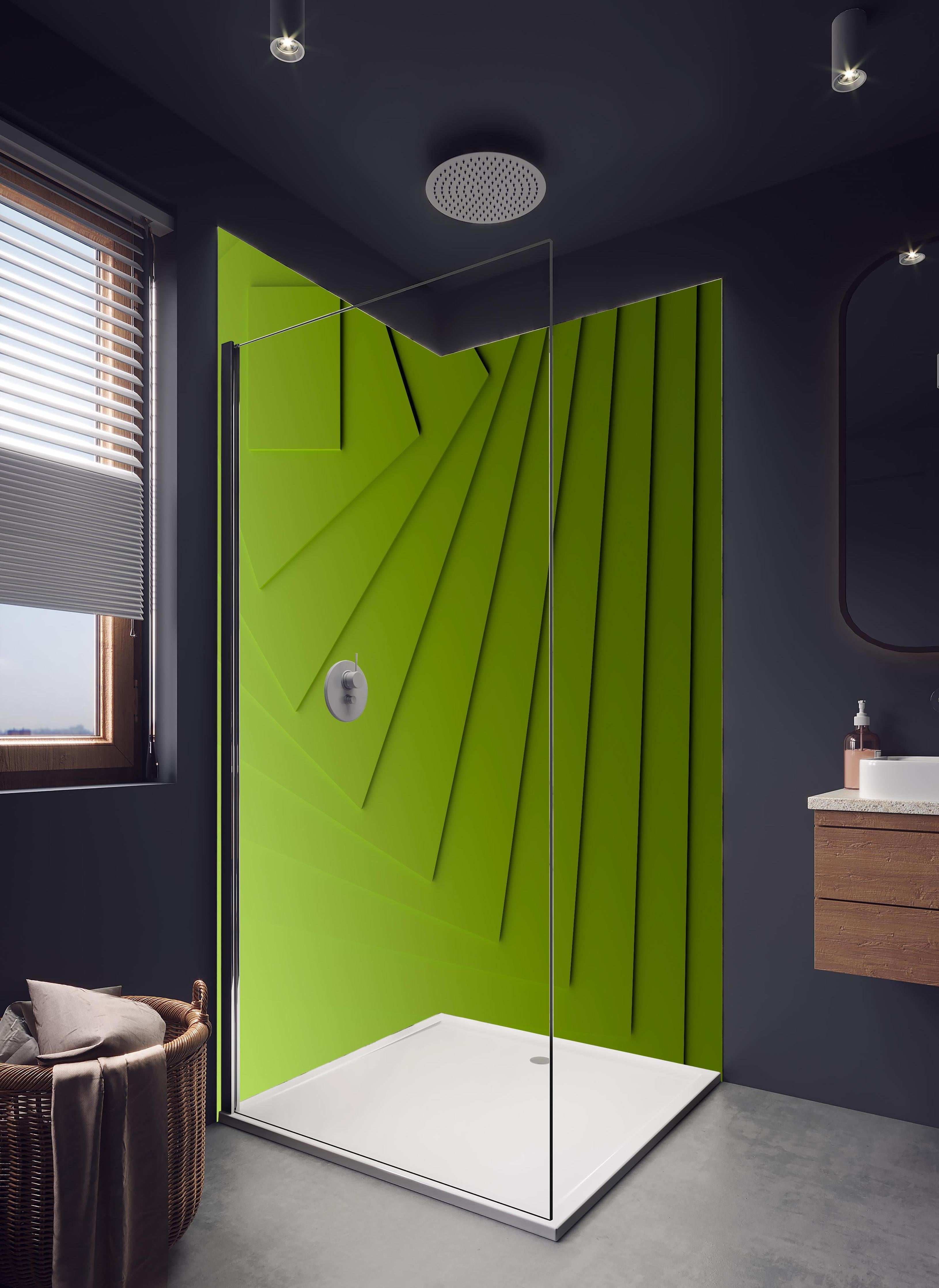 Duschrückwand - Grüner Moderner Hintergrund in hellem Badezimmer mit Regenduschkopf - zweiteilige Eck-Duschrückwand